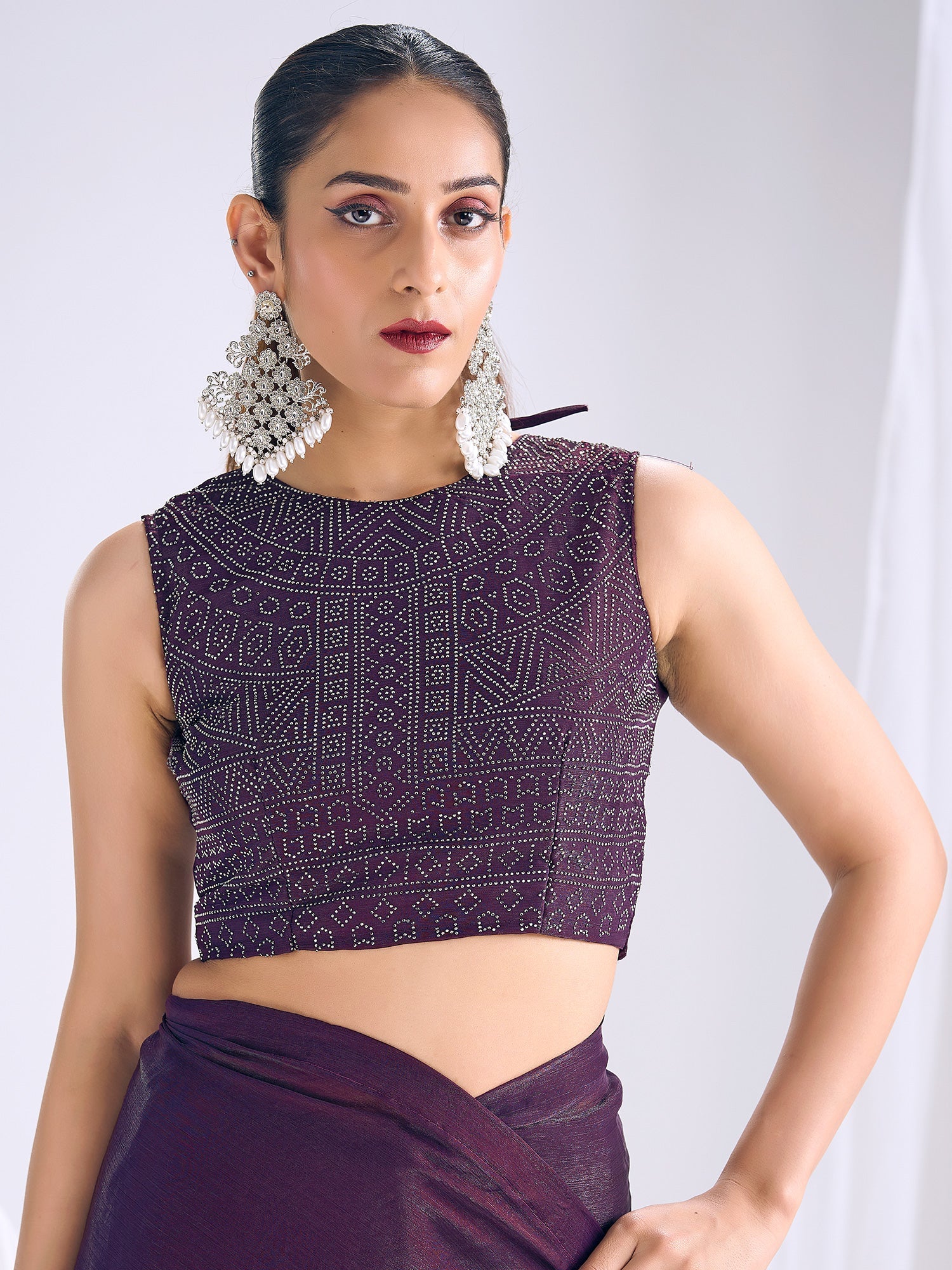 Wine Purple Georgette Saree with Bandhani Blouse - Ressa