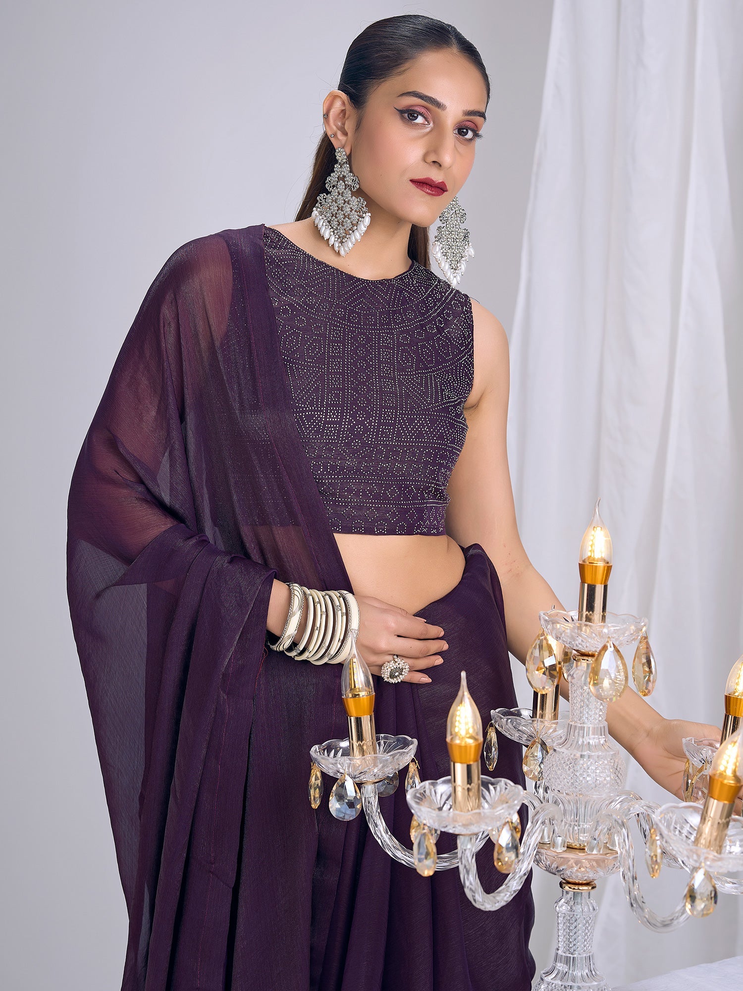 Wine Purple Georgette Saree with Bandhani Blouse - Ressa