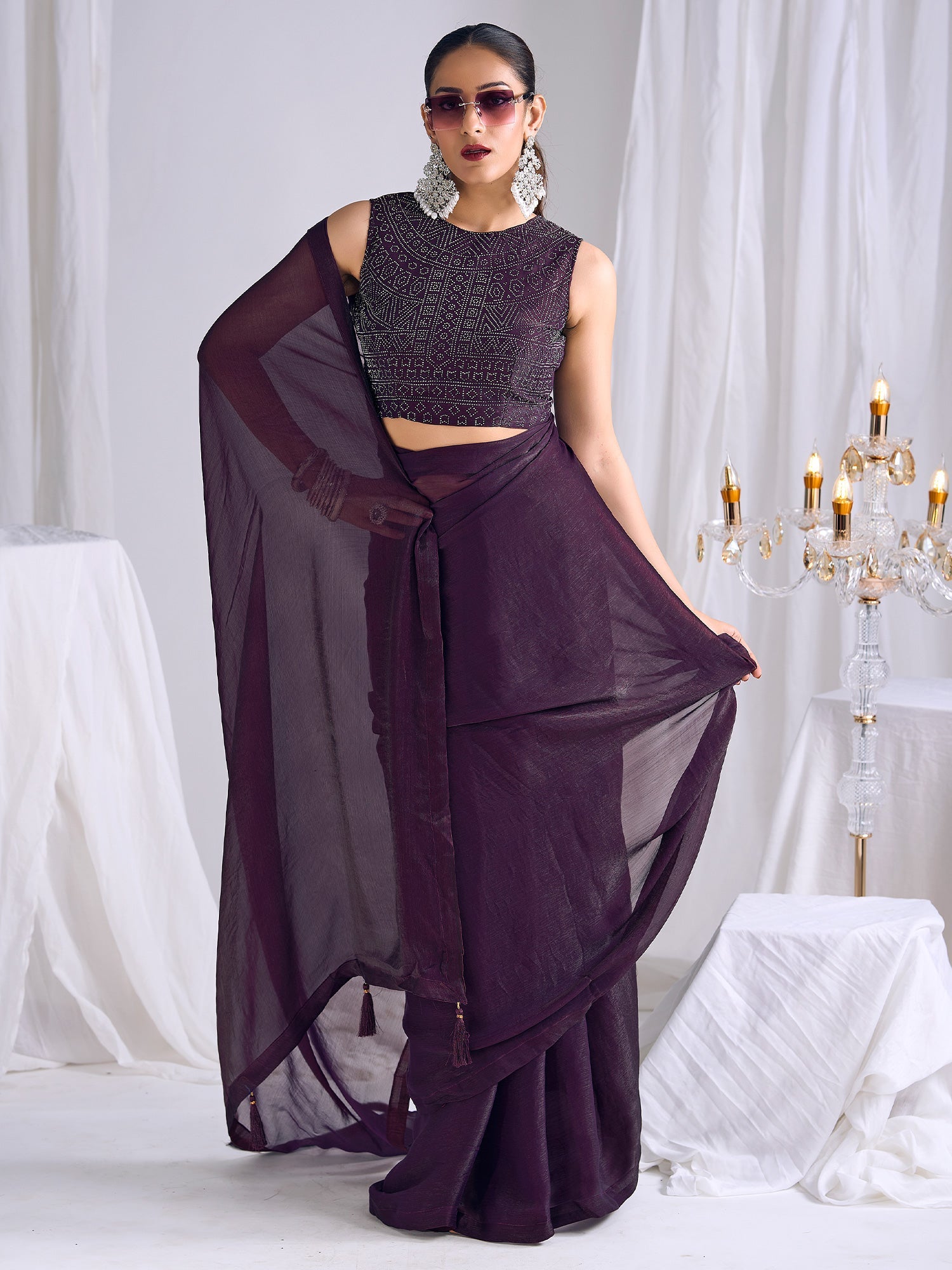Wine Purple Georgette Saree with Bandhani Blouse - Ressa