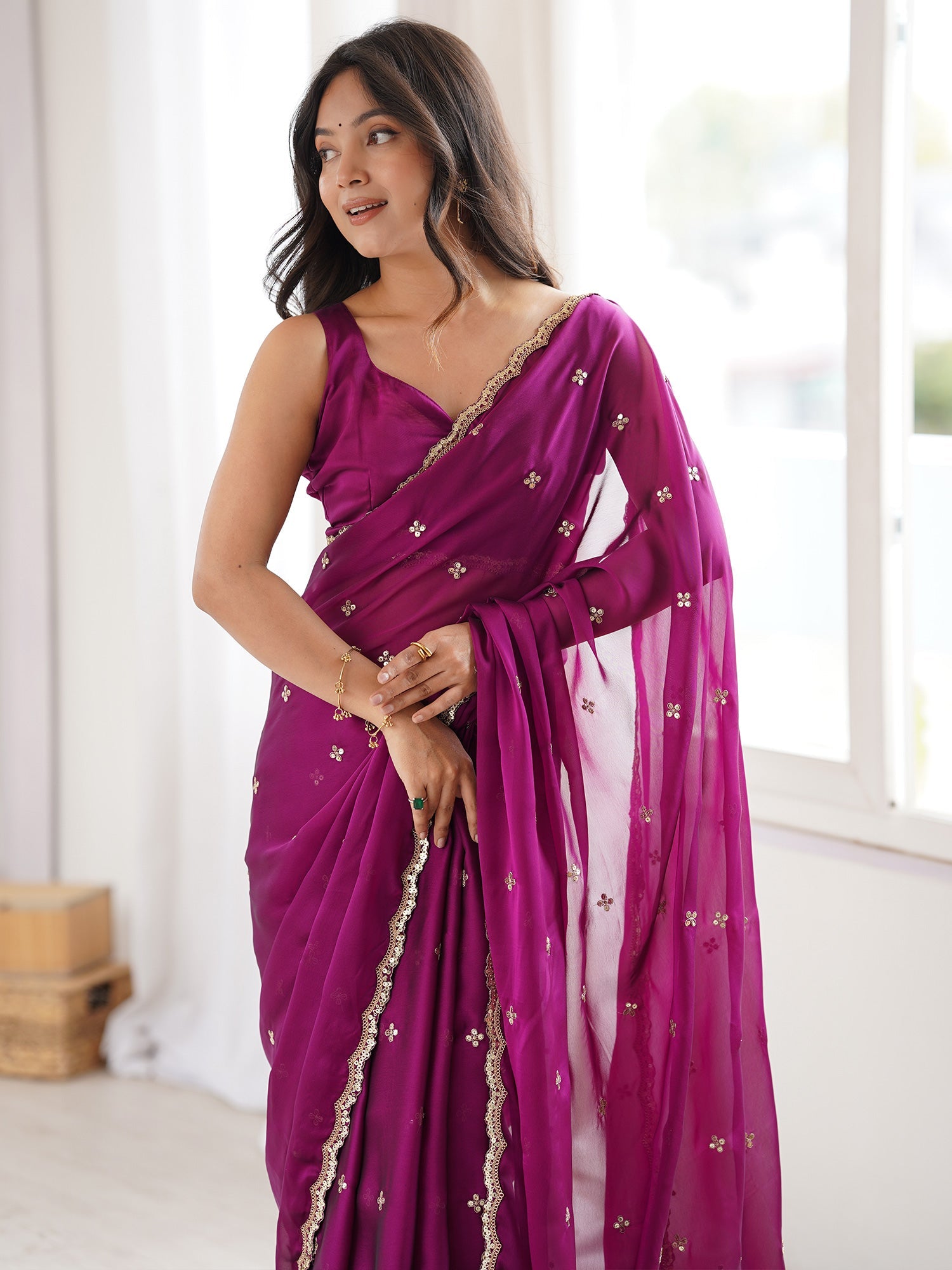 Wine Purple Pure Georgette Saree with Scalloped Gota Patti Border - Ressa