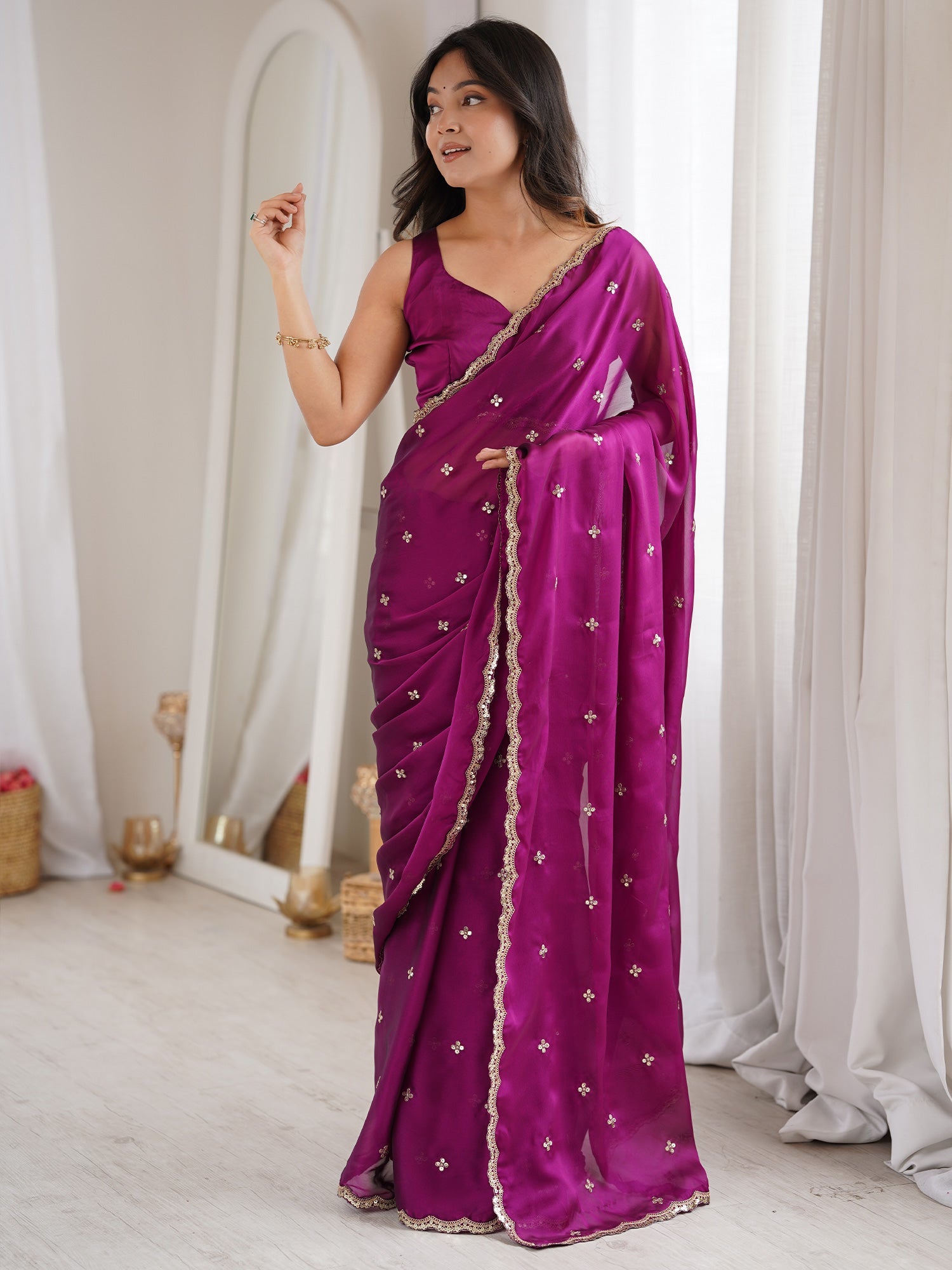 Wine Purple Pure Georgette Saree with Scalloped Gota Patti Border - Ressa