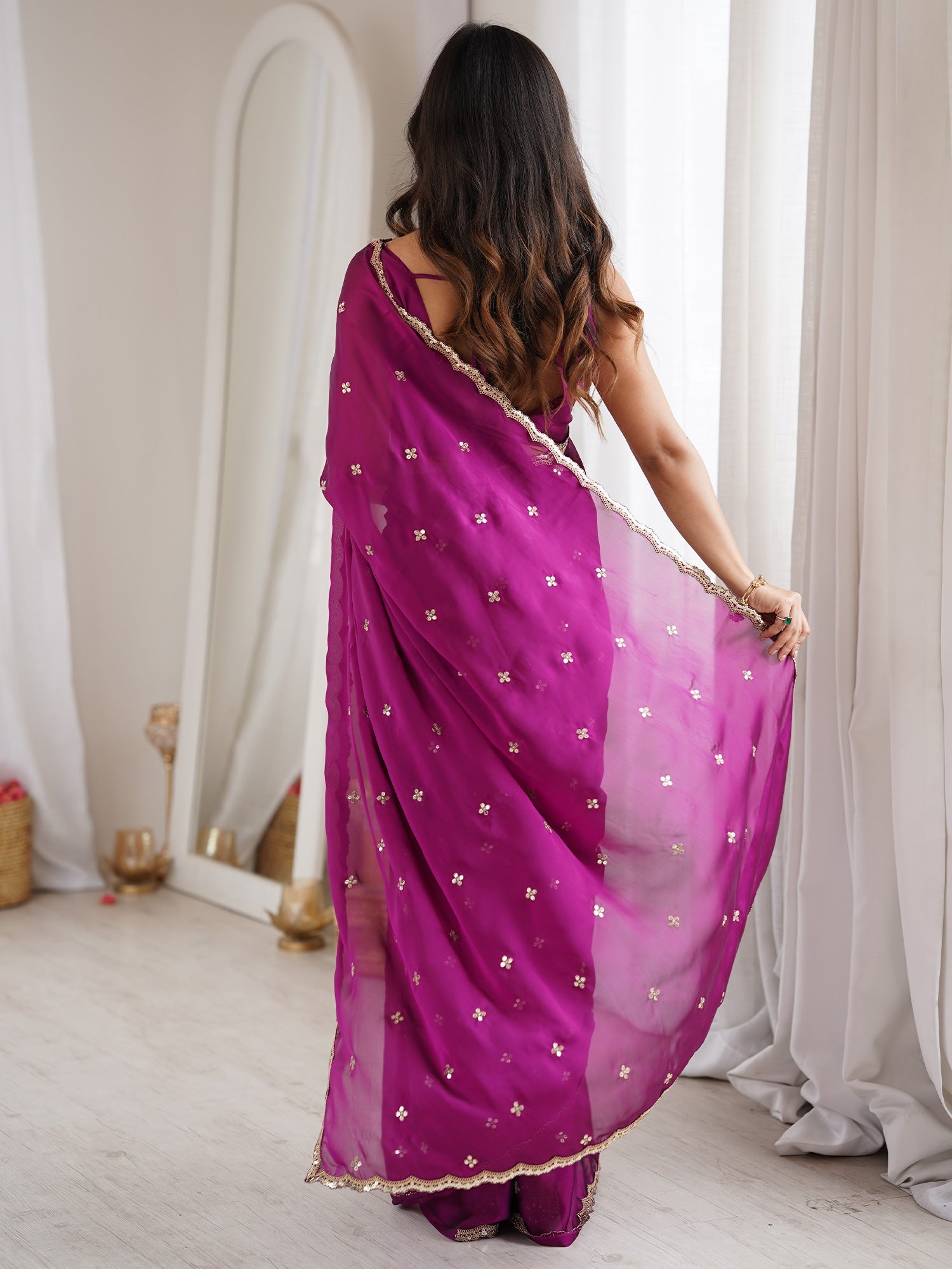 Wine Purple Pure Georgette Saree with Scalloped Gota Patti Border - Ressa