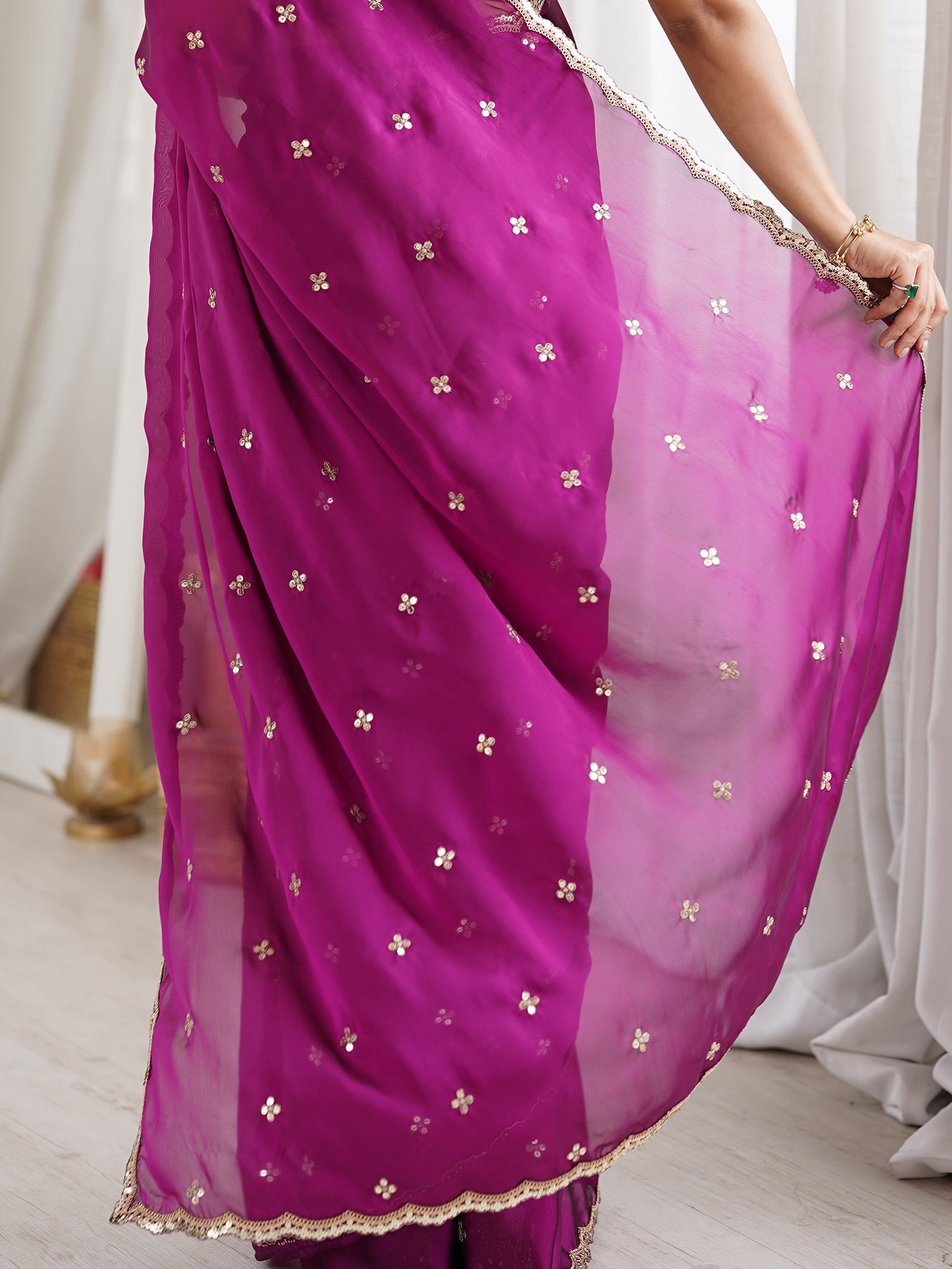 Wine Purple Pure Georgette Saree with Scalloped Gota Patti Border - Ressa