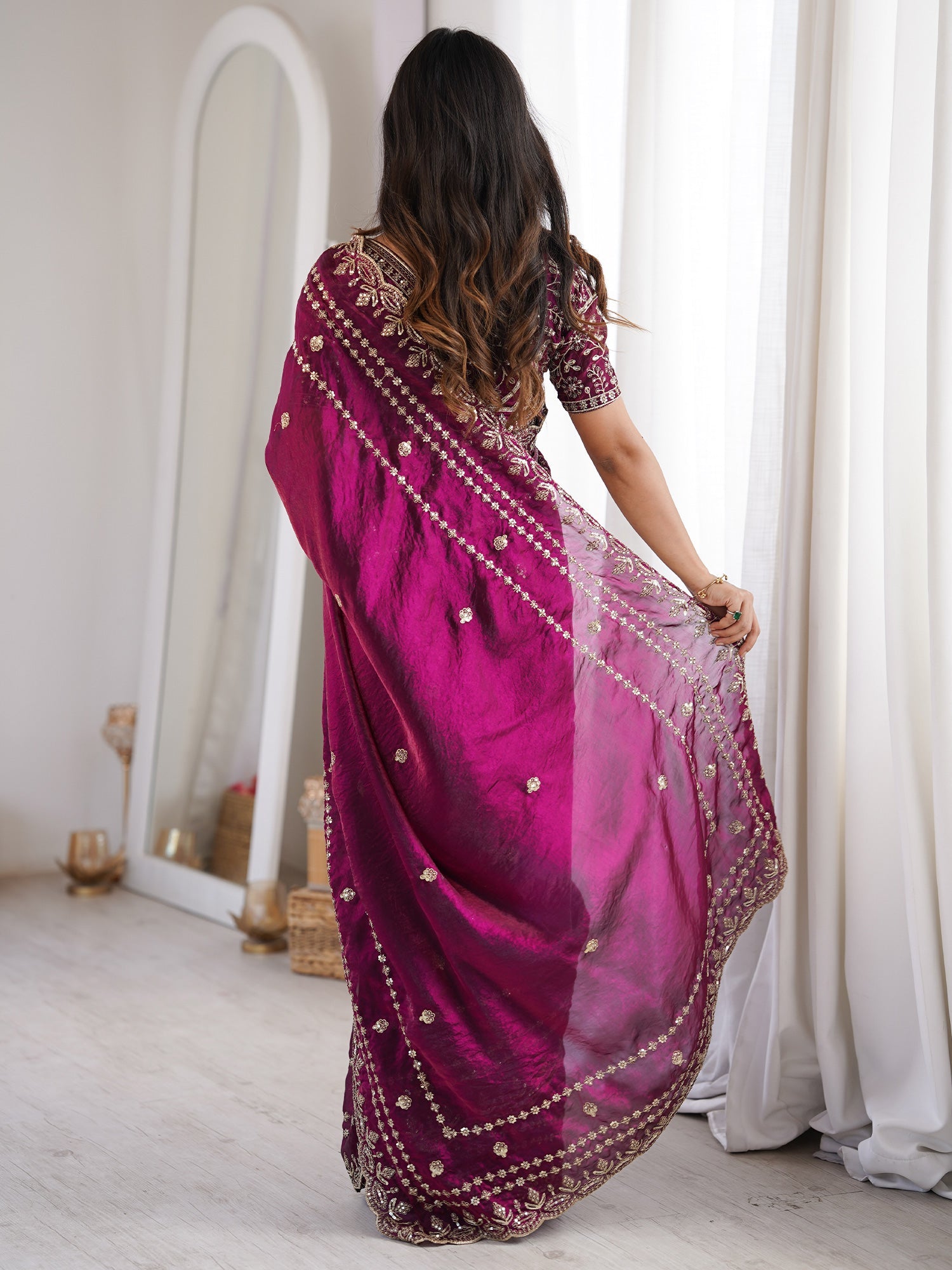 Wine Purple Satin Saree with Intricate Zardosi Embroidery - Ressa