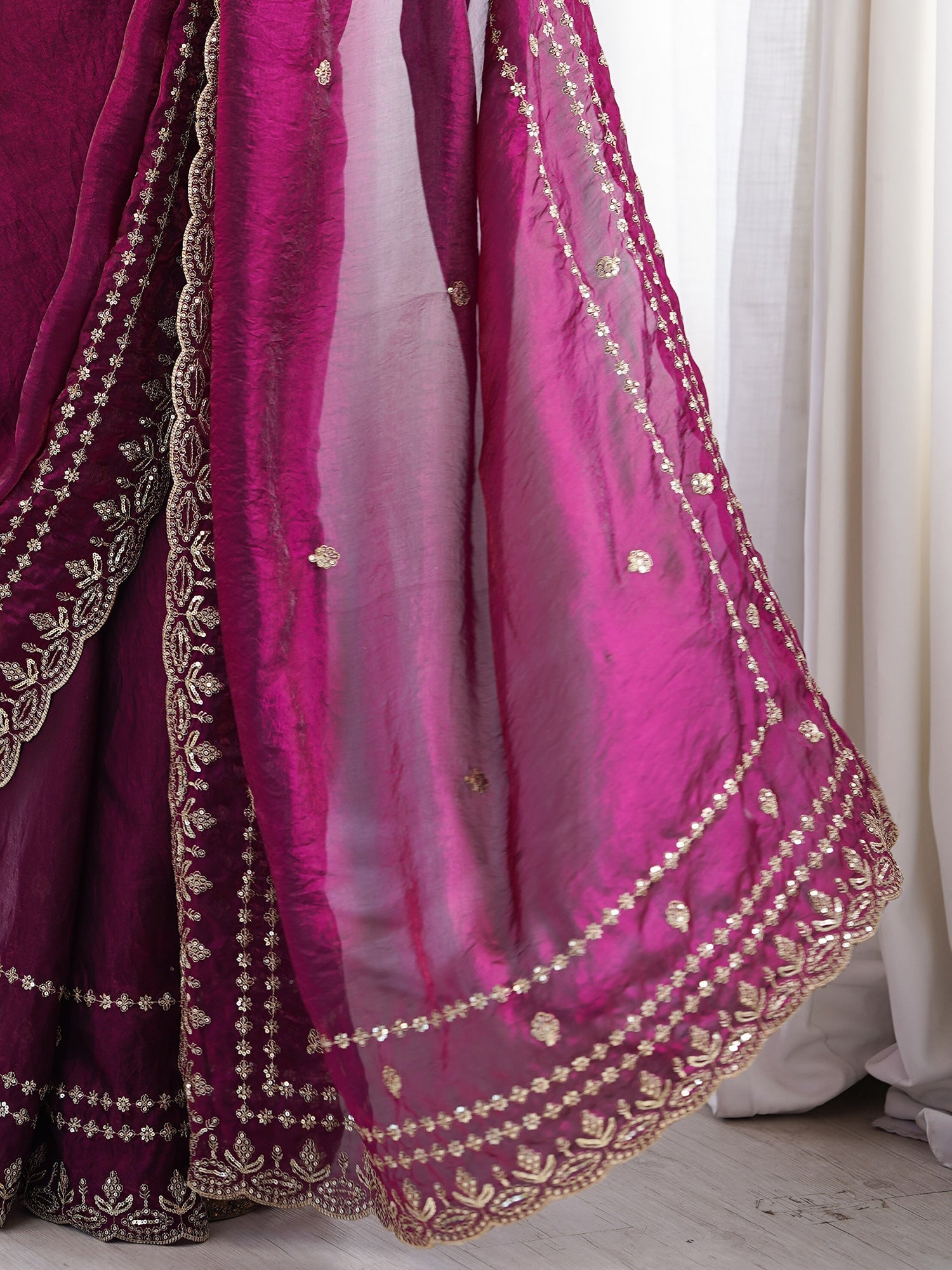 Wine Purple Satin Saree with Intricate Zardosi Embroidery - Ressa