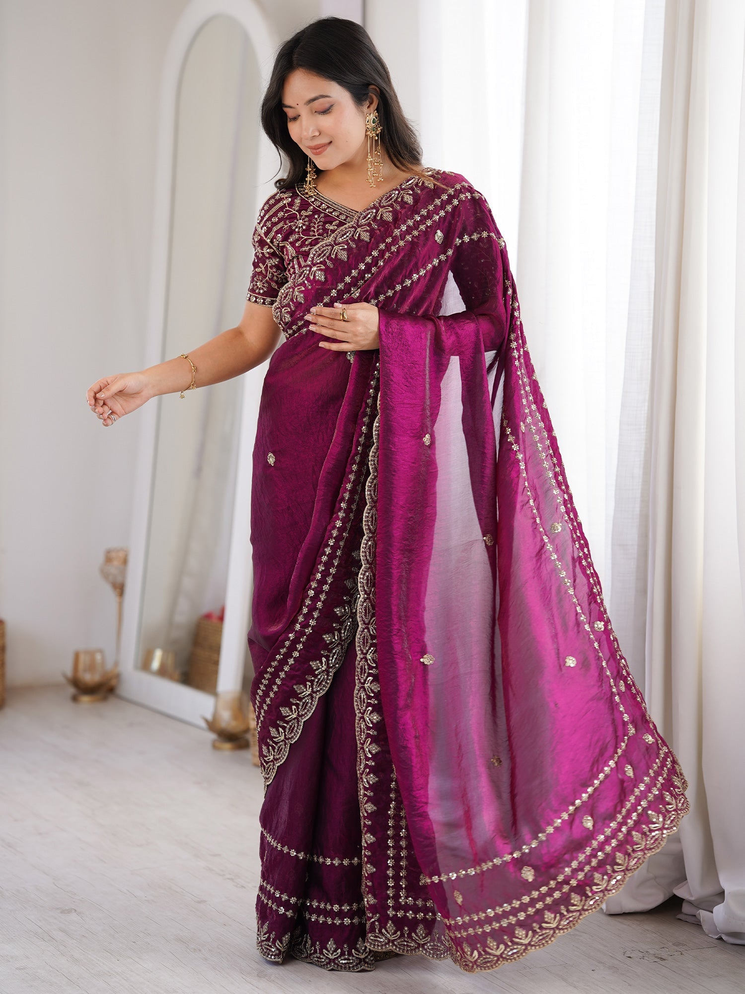 Wine Purple Satin Saree with Intricate Zardosi Embroidery - Ressa