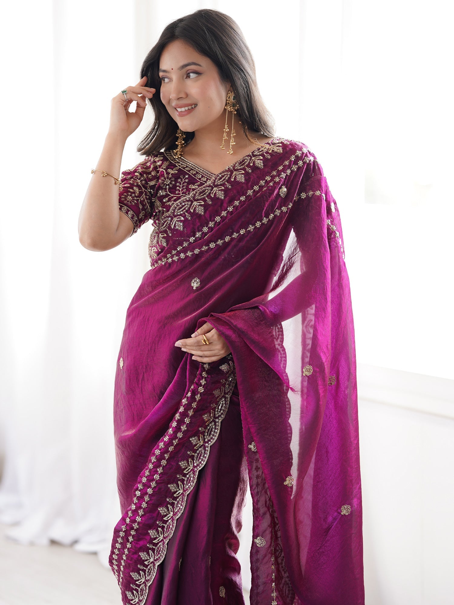 Wine Purple Satin Saree with Intricate Zardosi Embroidery - Ressa