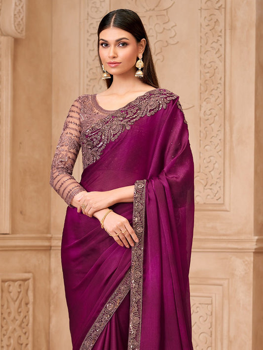 Wine Purple Satin Silk Heavy Floral Embroidered Border Designer Blouse Saree - Ressa