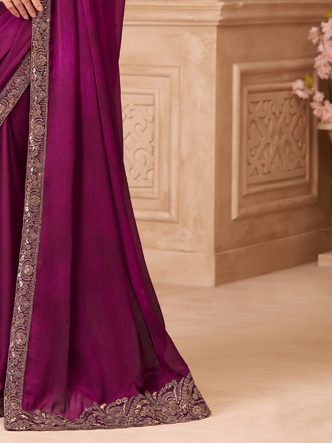 Wine Purple Satin Silk Heavy Floral Embroidered Border Designer Blouse Saree - Ressa