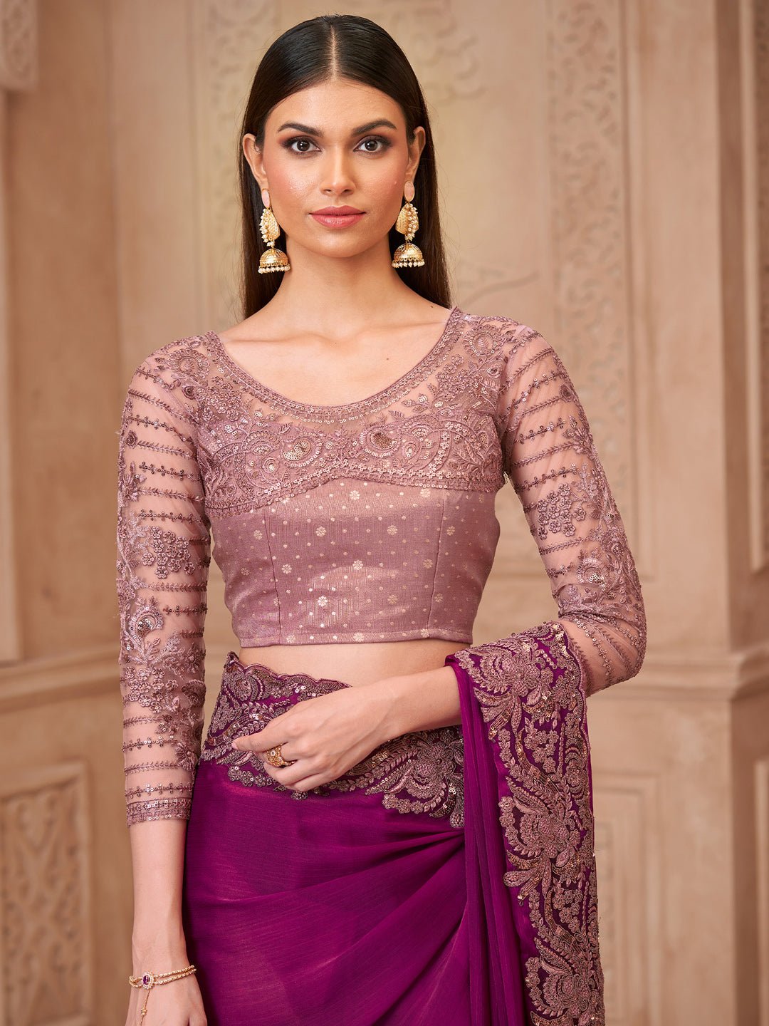 Wine Purple Satin Silk Heavy Floral Embroidered Border Designer Blouse Saree - Ressa