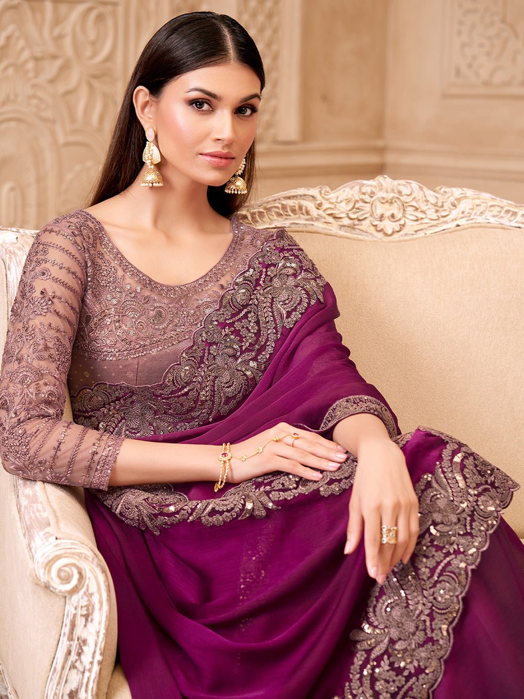 Wine Purple Satin Silk Heavy Floral Embroidered Border Designer Blouse Saree - Ressa