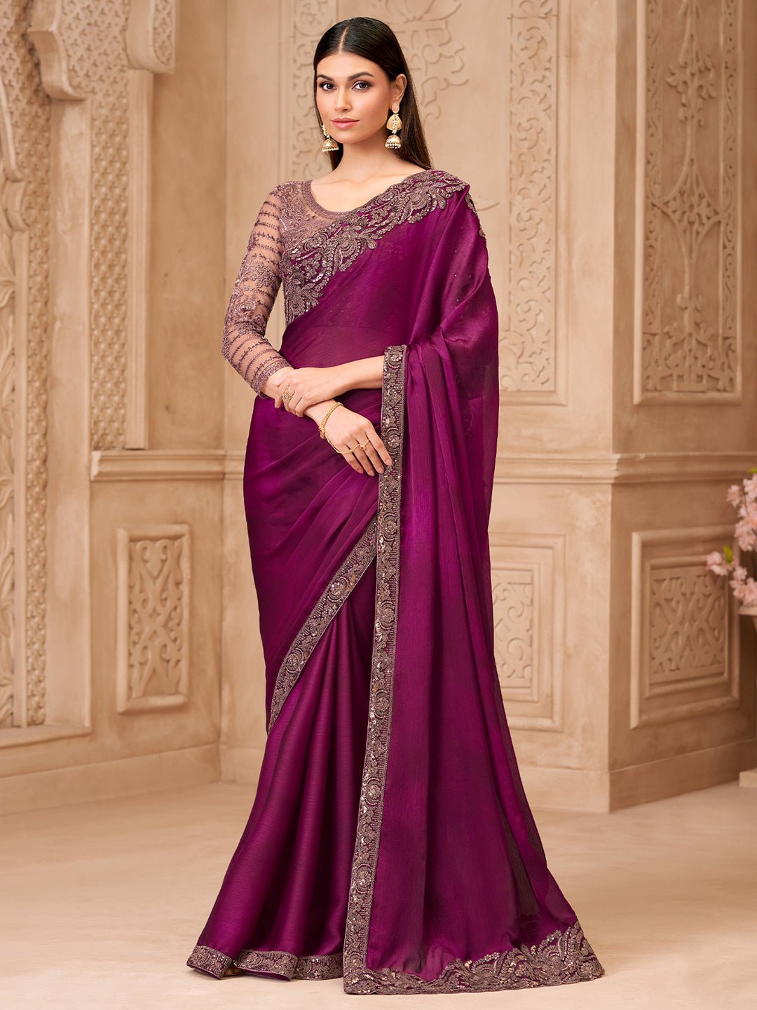 Wine Purple Satin Silk Heavy Floral Embroidered Border Designer Blouse Saree - Ressa