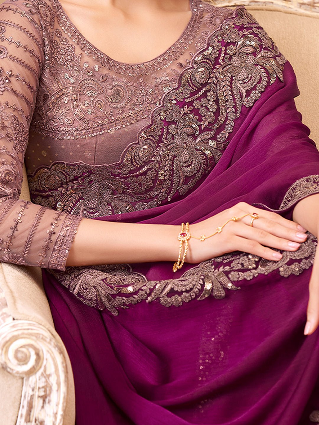 Wine Purple Satin Silk Heavy Floral Embroidered Border Designer Blouse Saree - Ressa
