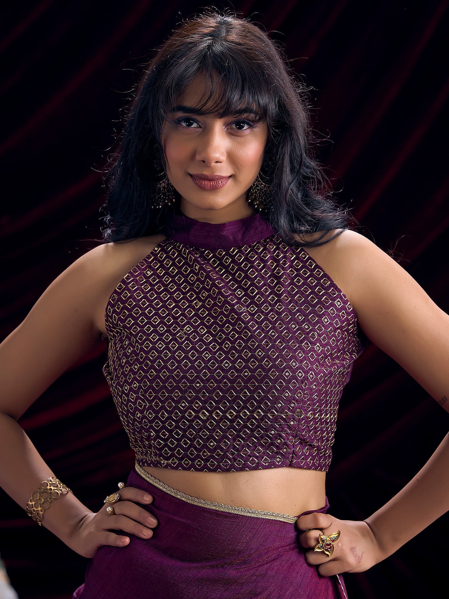 Wine Purple Silk Blend Saree with Bandhani Halter Blouse - Ressa