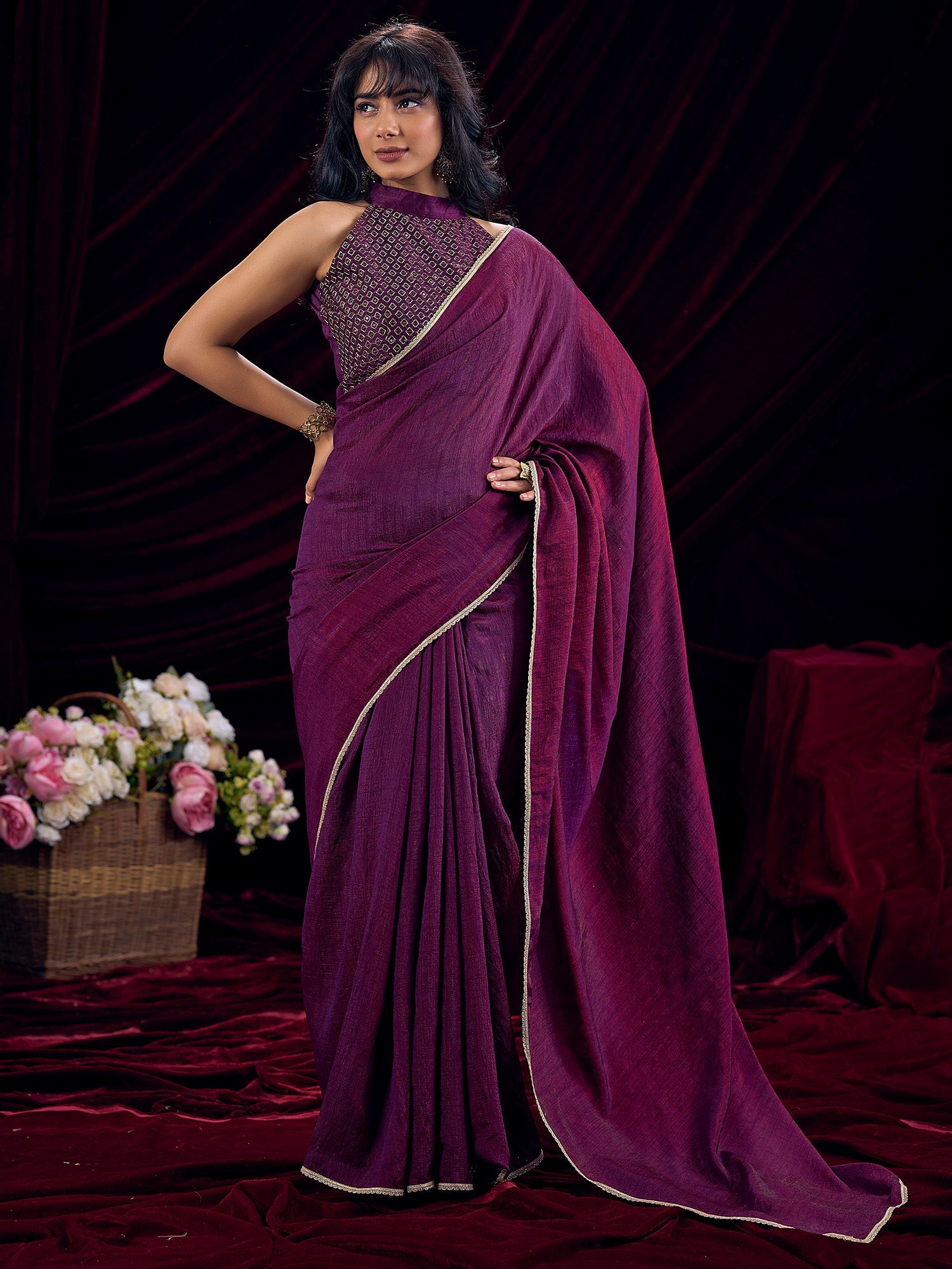 Wine Purple Silk Blend Saree with Bandhani Halter Blouse - Ressa