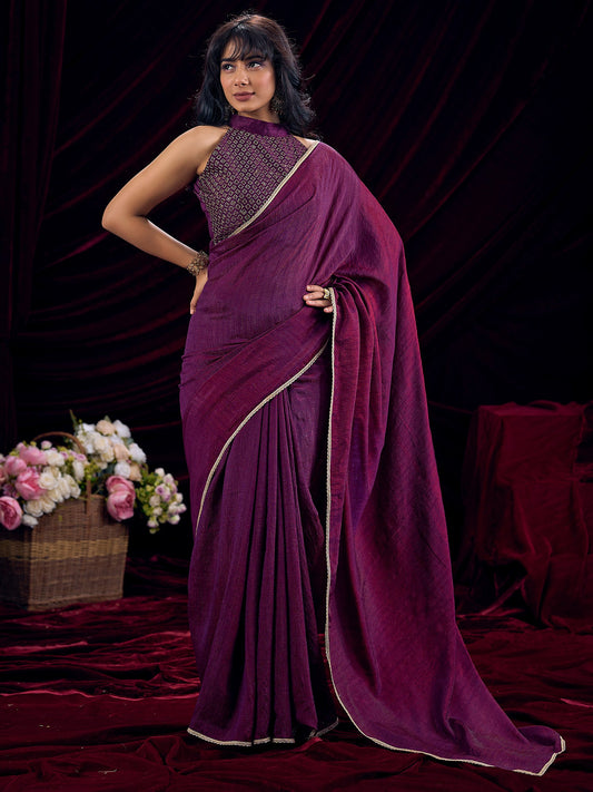 Wine Purple Silk Blend Saree with Bandhani Halter Blouse - Ressa