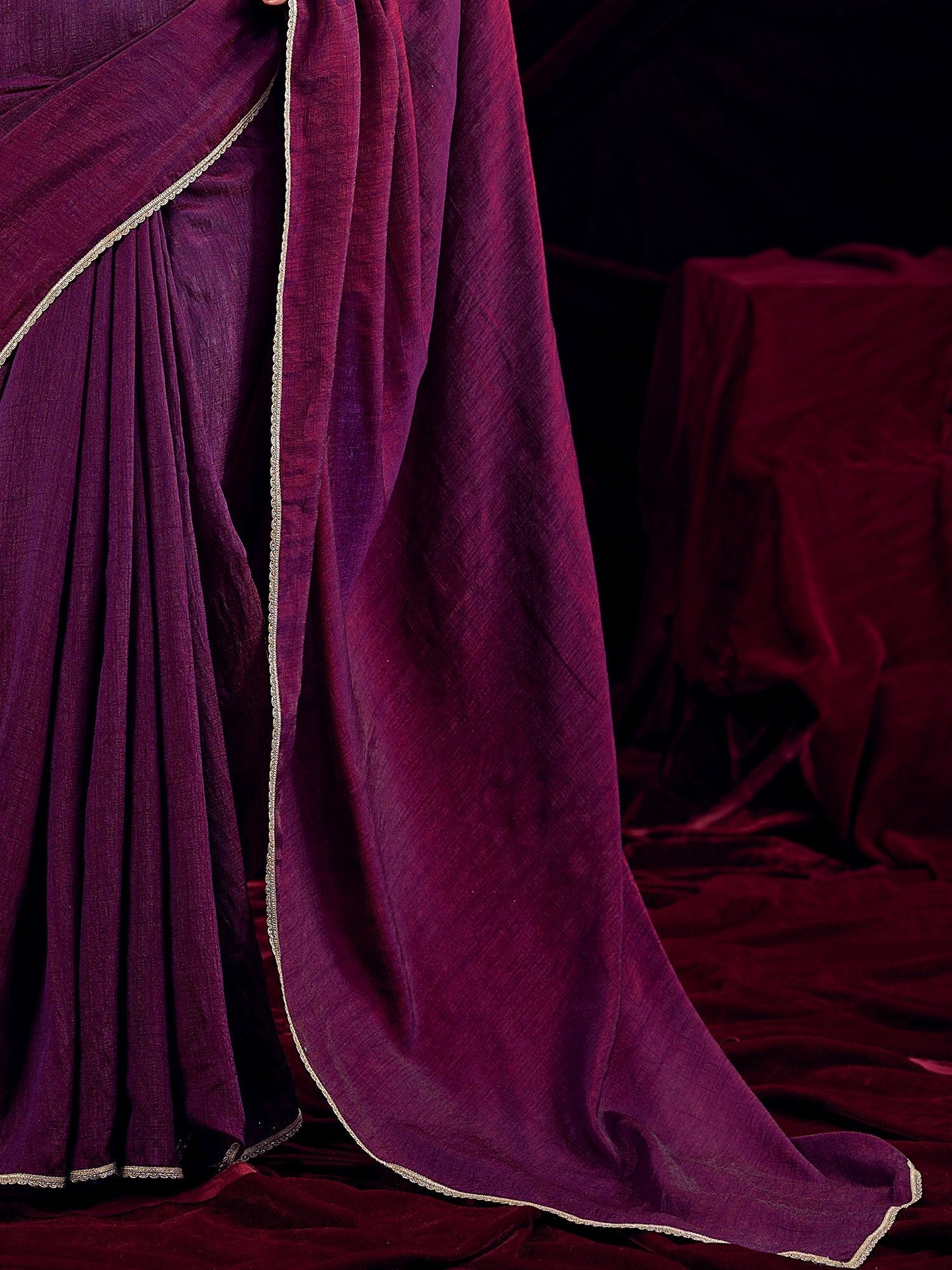 Wine Purple Silk Blend Saree with Bandhani Halter Blouse - Ressa