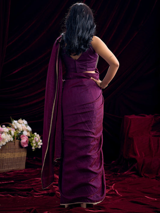 Wine Purple Silk Blend Saree with Bandhani Halter Blouse - Ressa