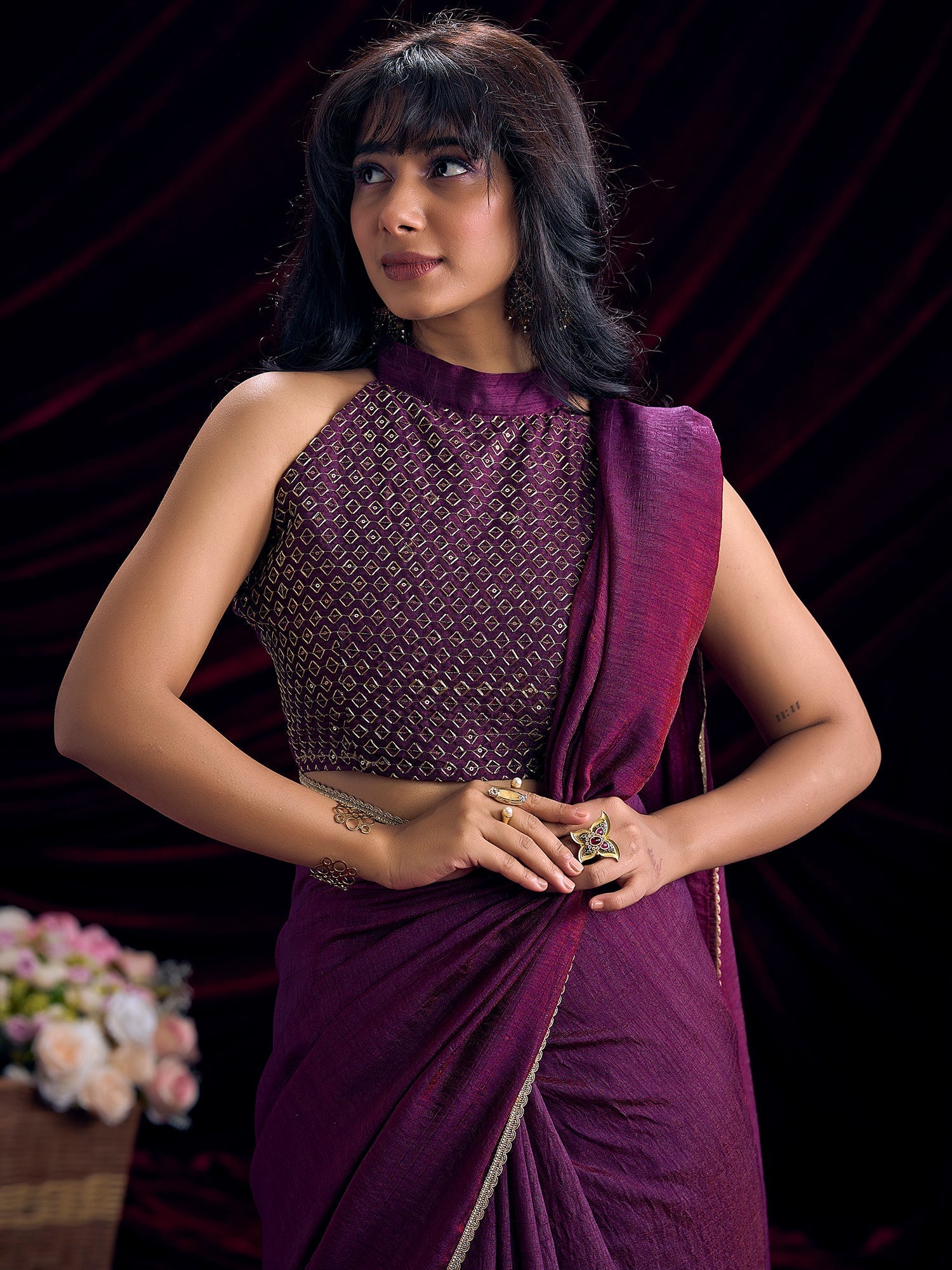 Wine Purple Silk Blend Saree with Bandhani Halter Blouse - Ressa