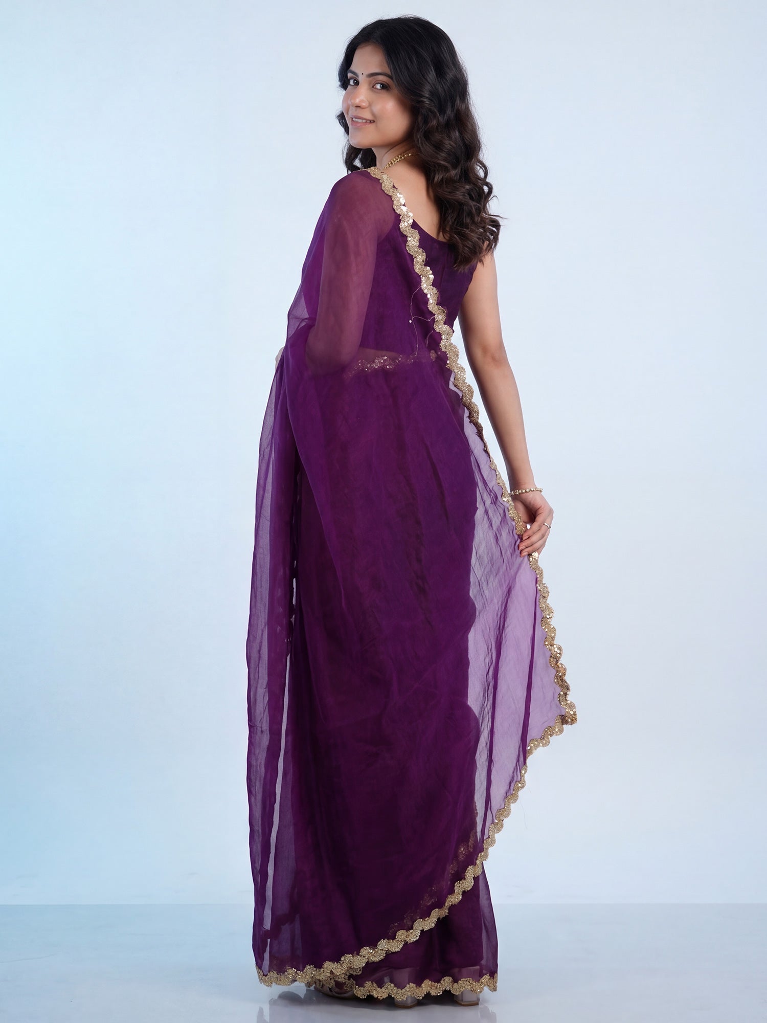 Wine Purple Tissue Silk Gota Patti Scalloped Border Saree - Ressa