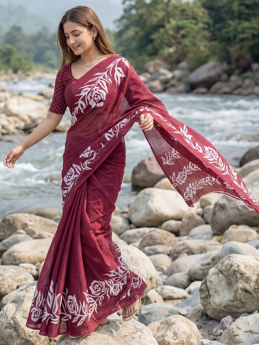 Wine Red Banarasi Silk Floral Jaal Zari Weaving Saree - Ressa