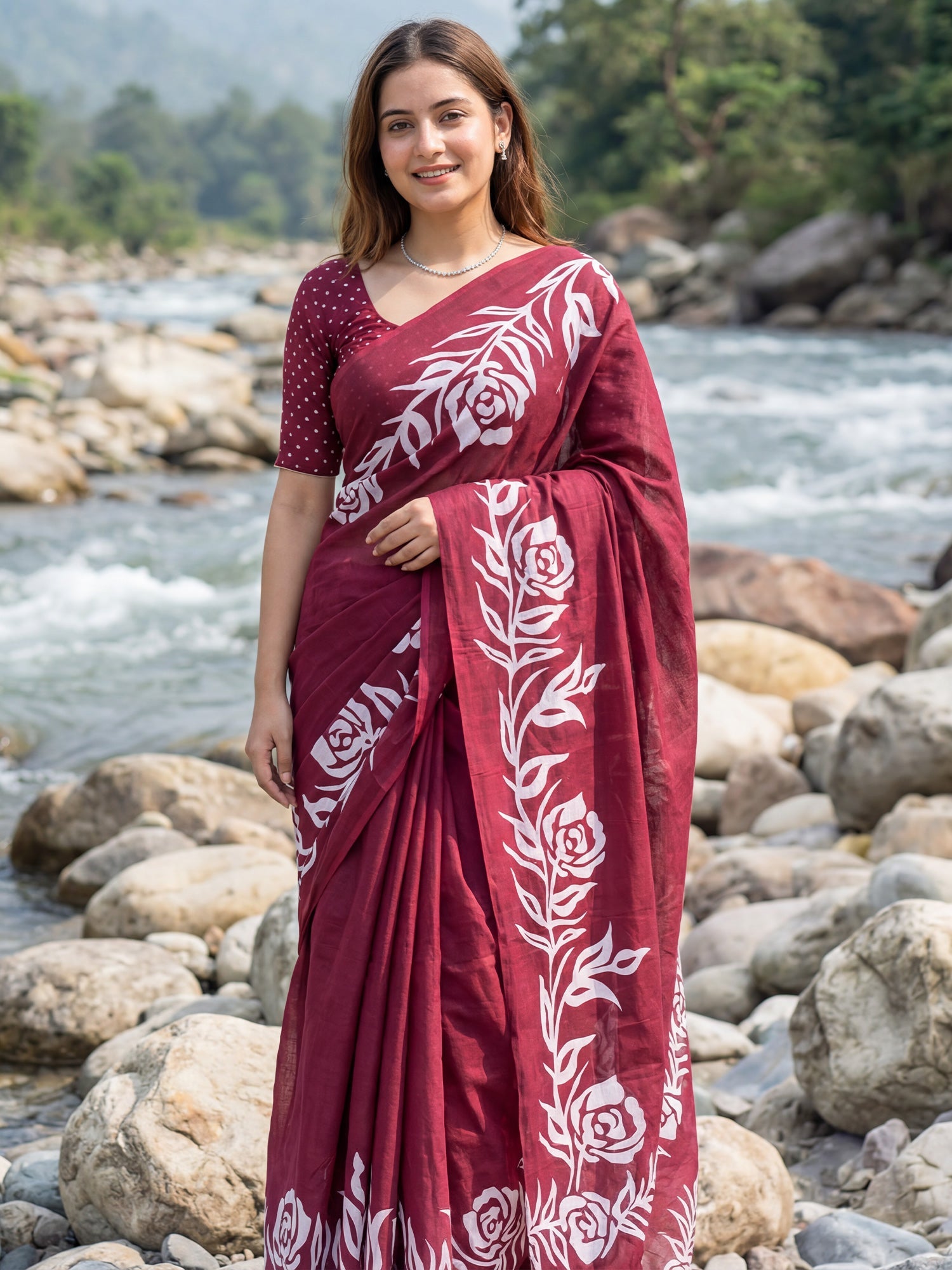 Wine Red Banarasi Silk Floral Jaal Zari Weaving Saree - Ressa