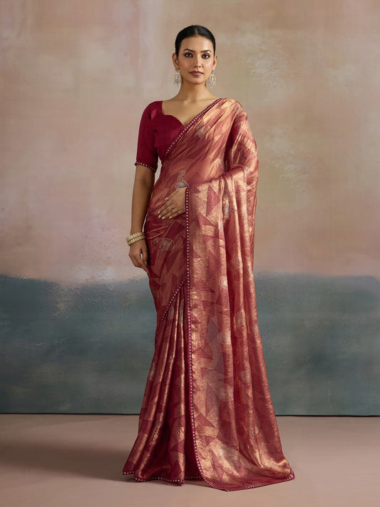 Wine Red Chiffon Printed Saree - Ressa