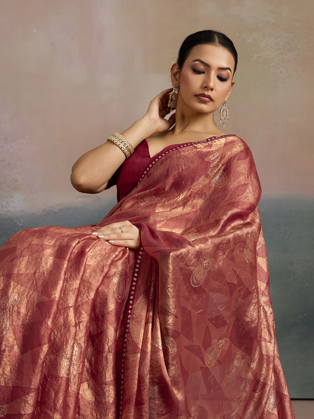 Wine Red Chiffon Printed Saree - Ressa