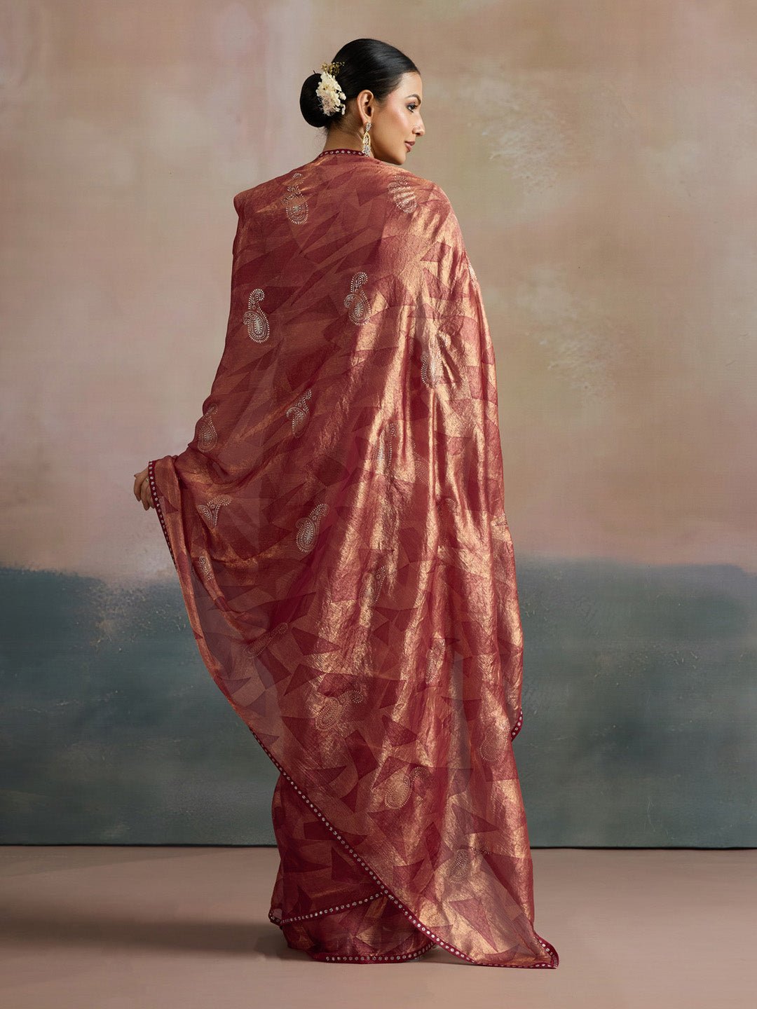 Wine Red Chiffon Printed Saree - Ressa