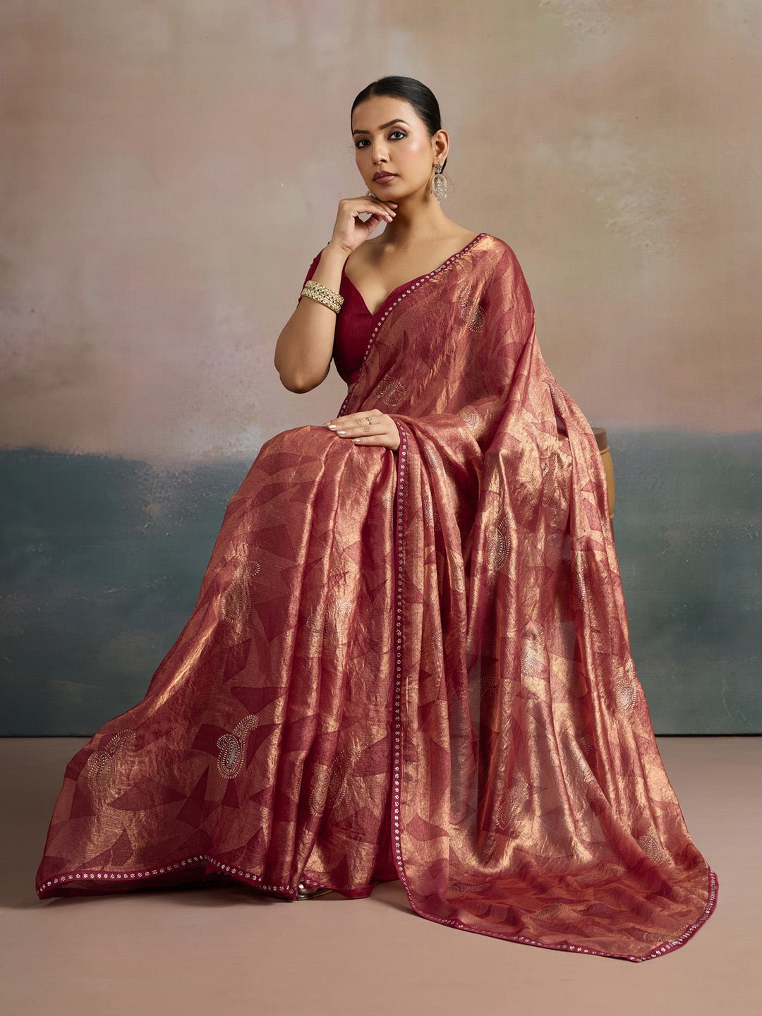 Wine Red Chiffon Printed Saree - Ressa