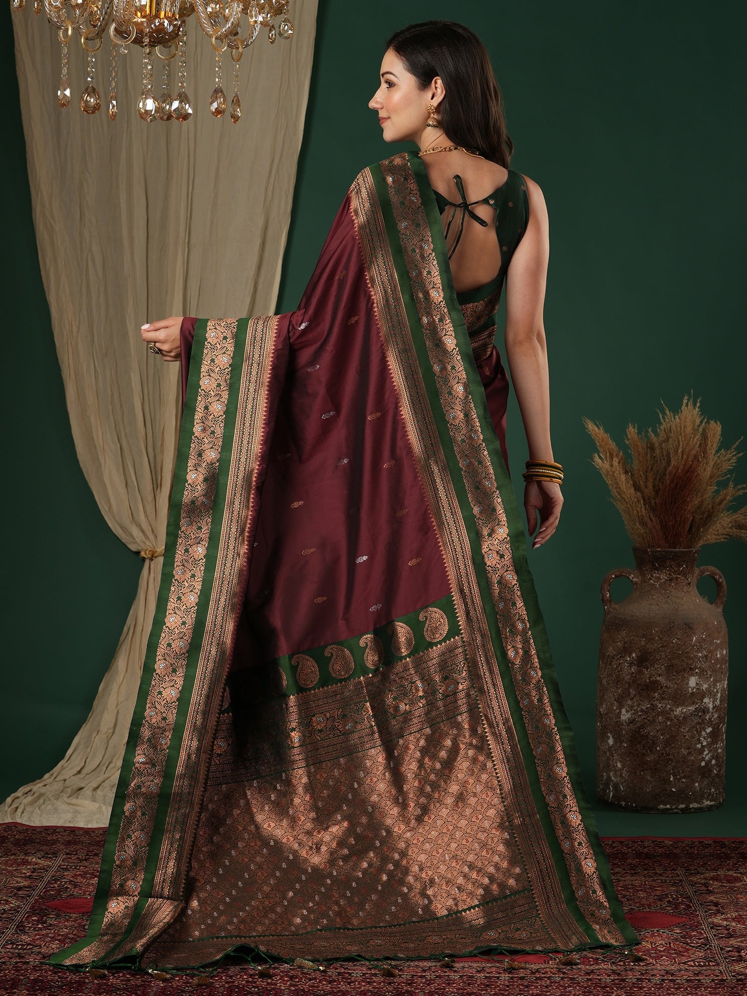 Wine Red & Emerald Green Banarasi Silk Zari Weaving Saree - Ressa