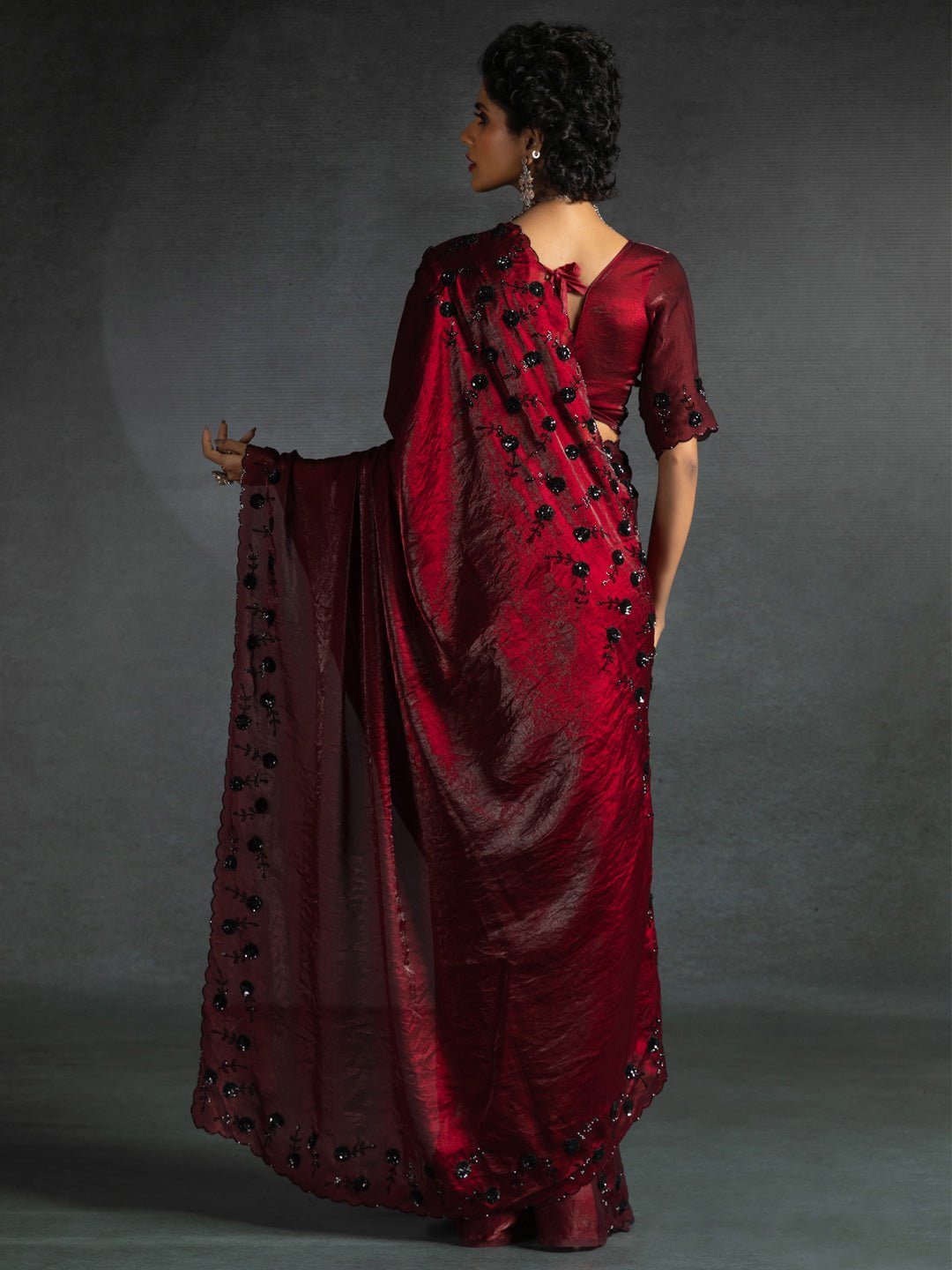 Wine Red Scalloped Tisshu Saree - Ressa