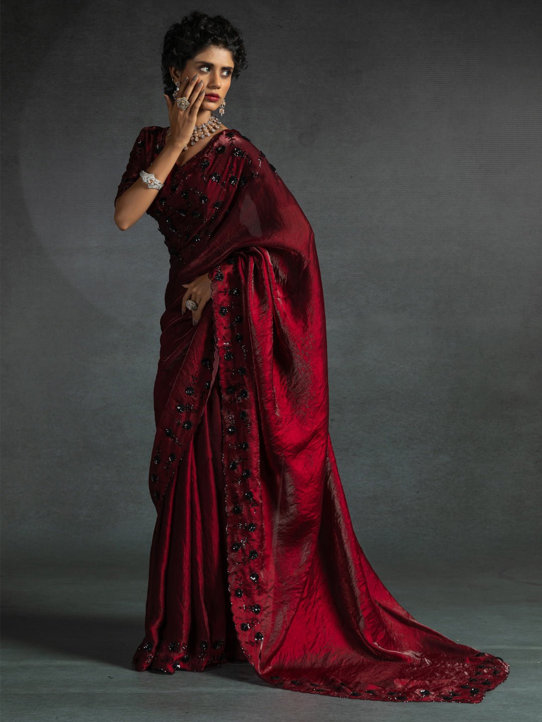 Wine Red Scalloped Tisshu Saree - Ressa
