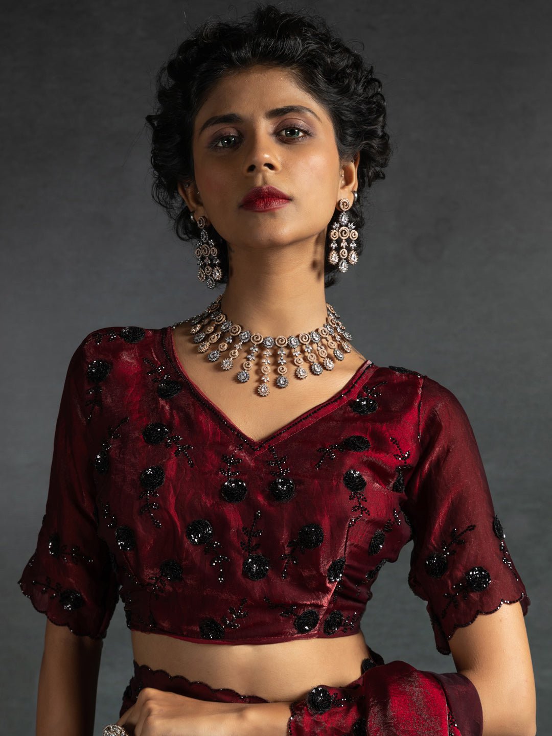 Wine Red Scalloped Tisshu Saree - Ressa