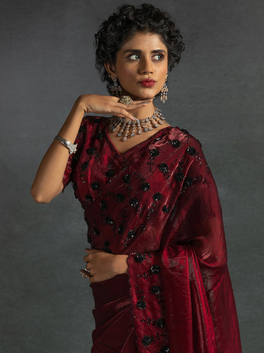Wine Red Scalloped Tisshu Saree - Ressa