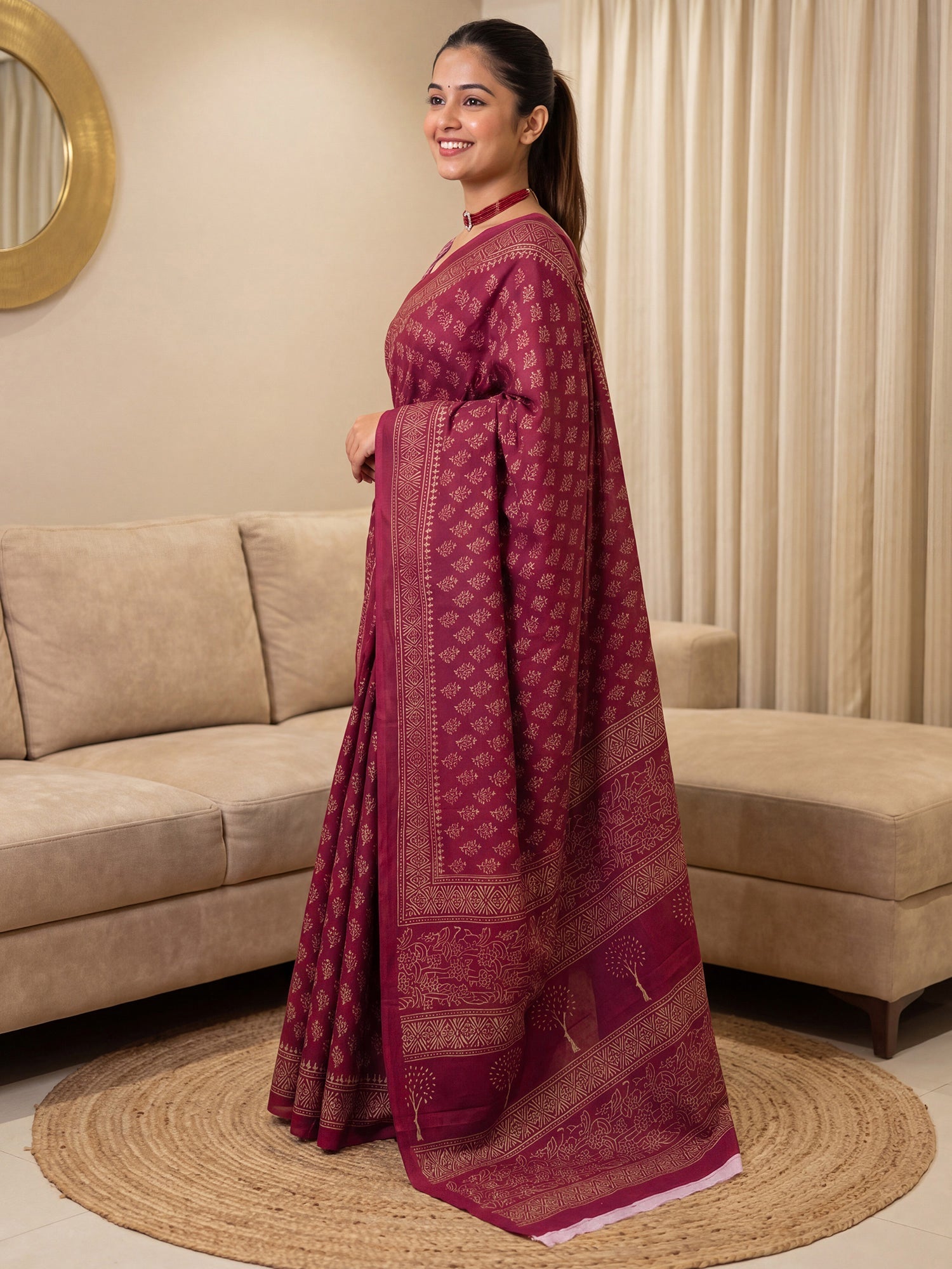 Wine Saree Madhubani Style Print Saree - Ressa