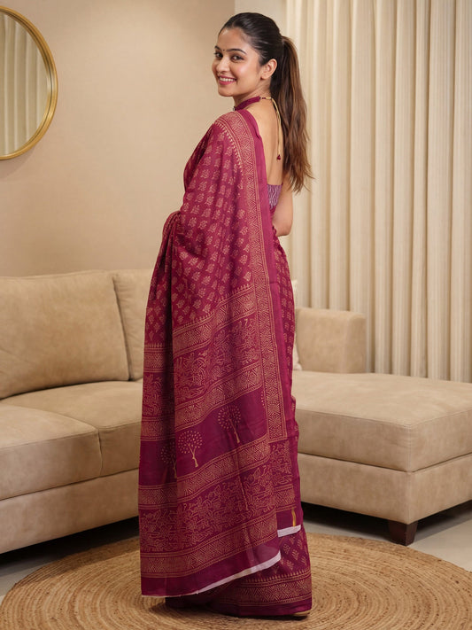 Wine Saree Madhubani Style Print Saree - Ressa