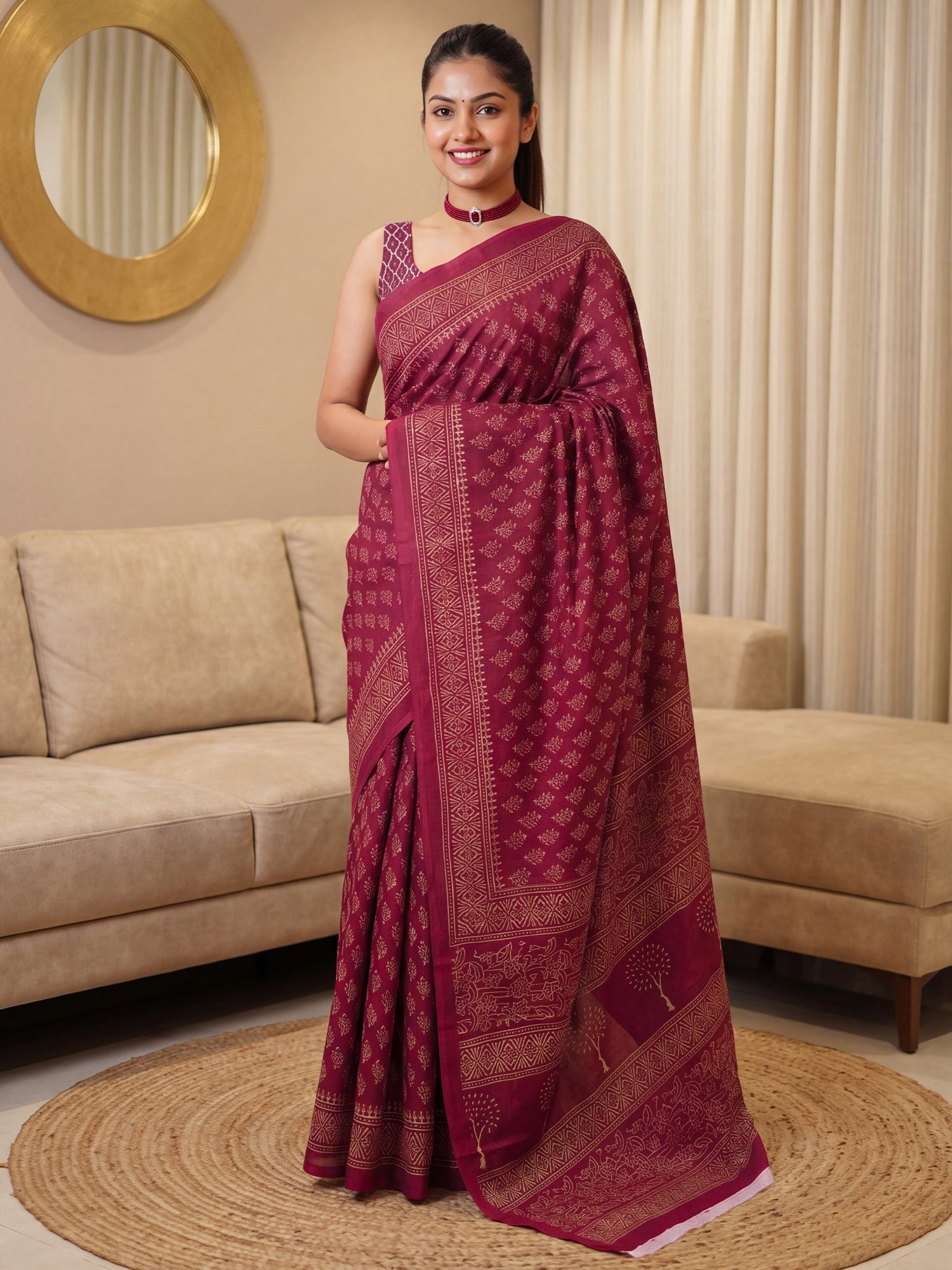 Wine Saree Madhubani Style Print Saree - Ressa
