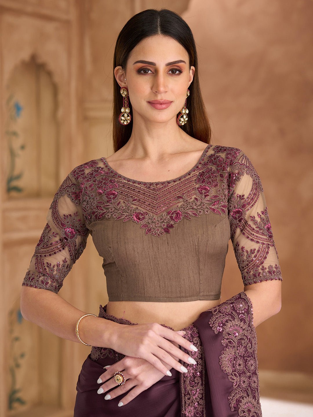 Wine Satin Emblished Party Wear Saree - Ressa