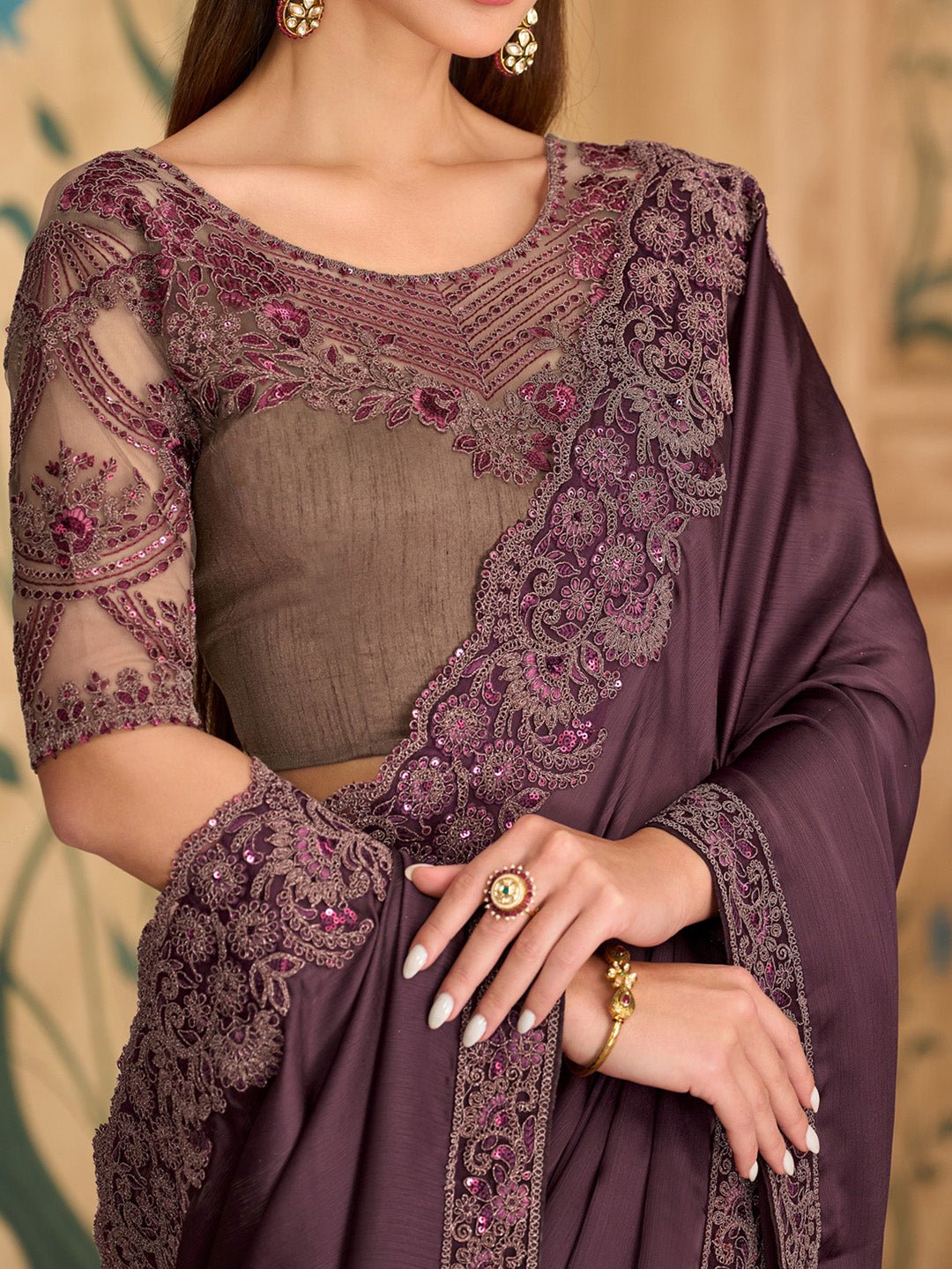Wine Satin Emblished Party Wear Saree - Ressa