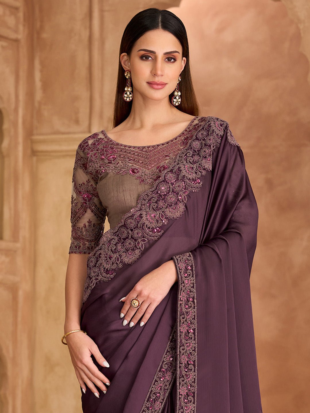 Wine Satin Emblished Party Wear Saree - Ressa