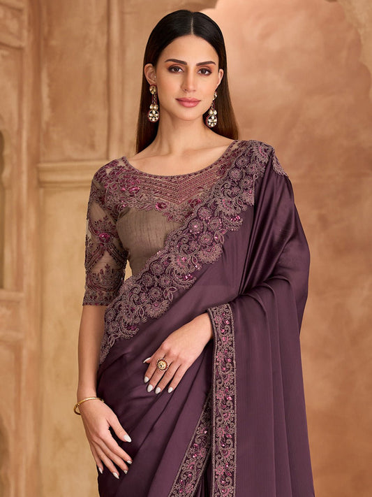 Wine Satin Emblished Party Wear Saree - Ressa