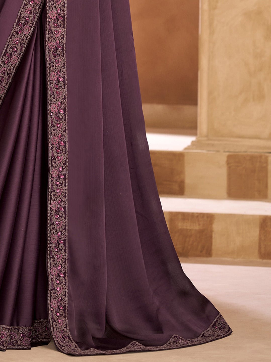 Wine Satin Emblished Party Wear Saree - Ressa