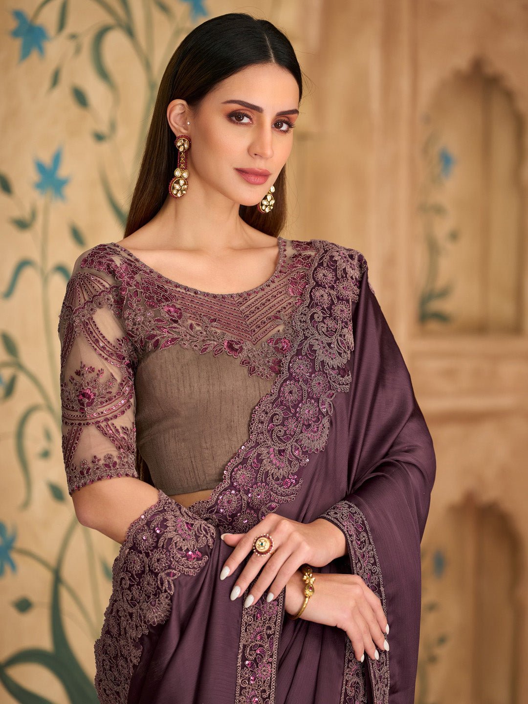 Wine Satin Emblished Party Wear Saree - Ressa
