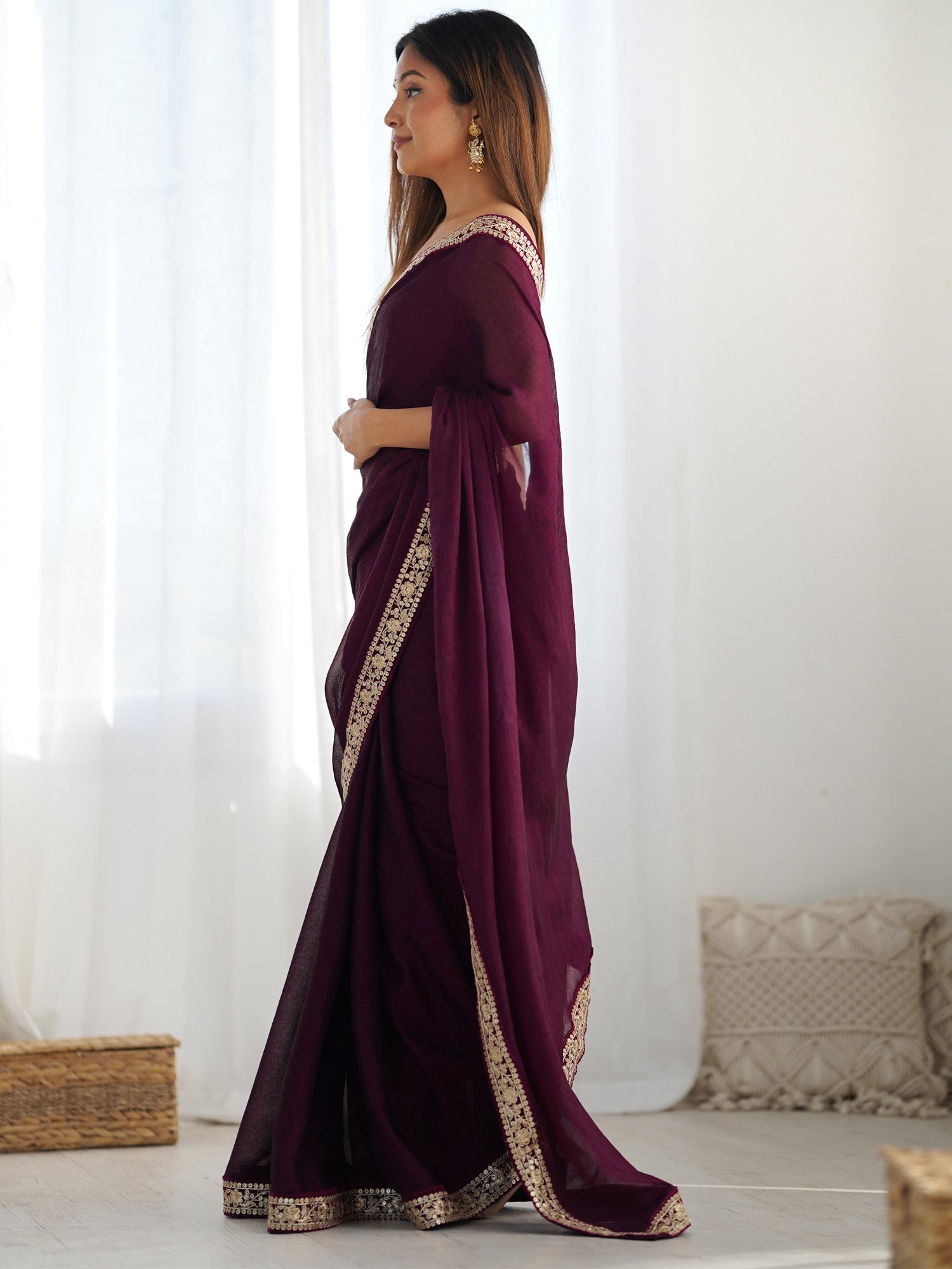 Wine Satin Silk Saree with Embroidered Border - Ressa