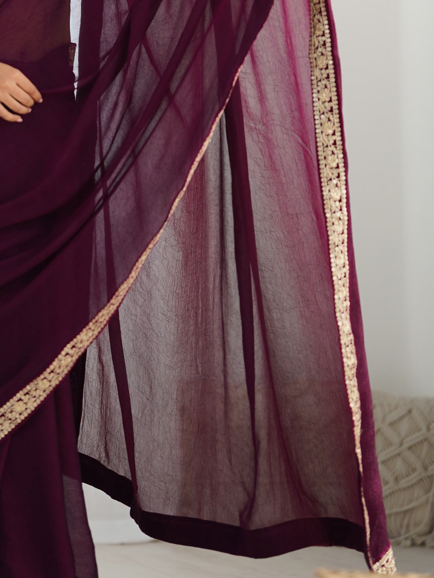 Wine Satin Silk Saree with Embroidered Border - Ressa