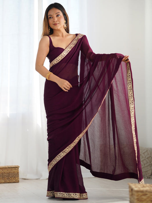 Wine Satin Silk Saree with Embroidered Border - Ressa