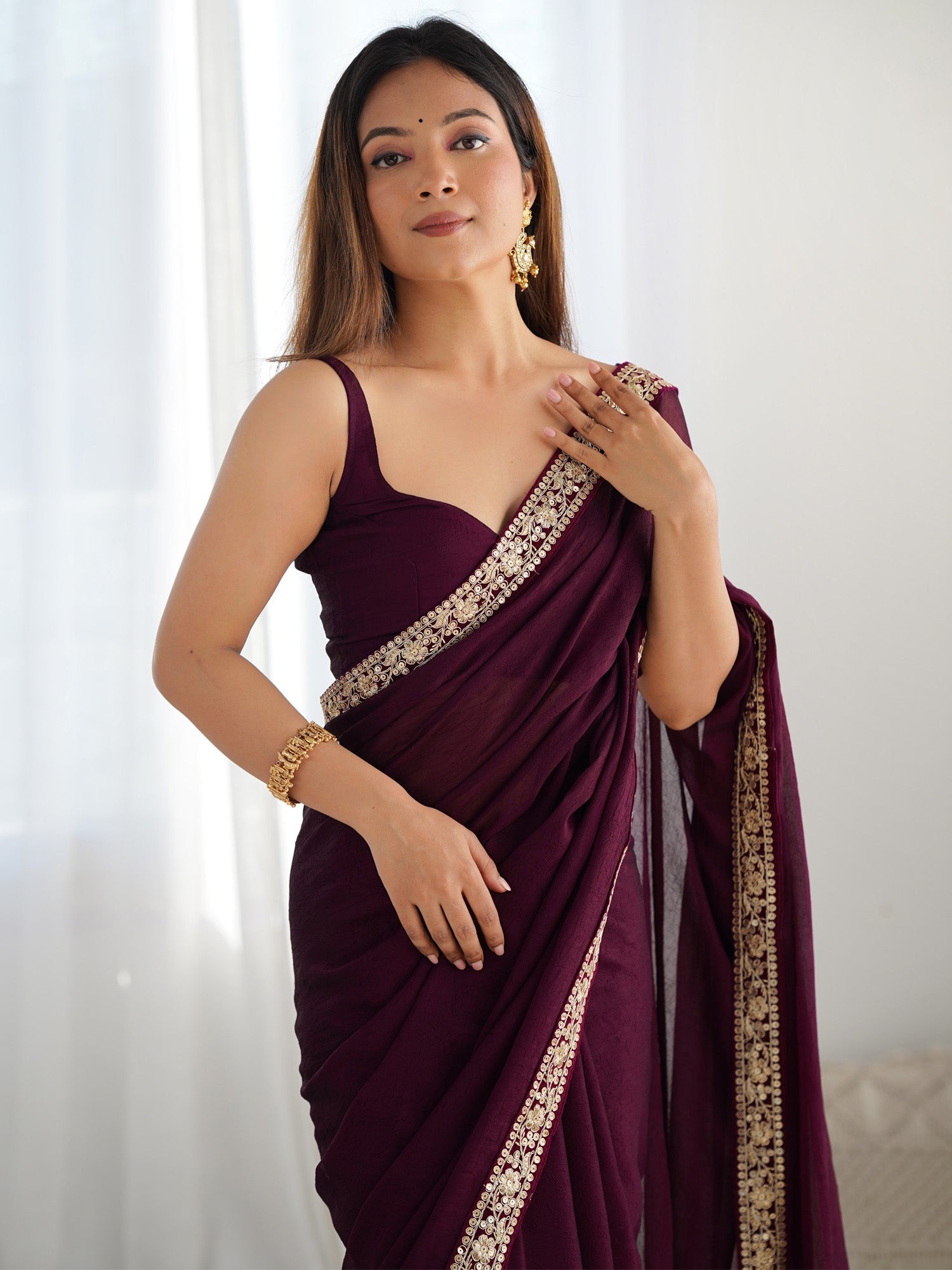 Wine Satin Silk Saree with Embroidered Border - Ressa