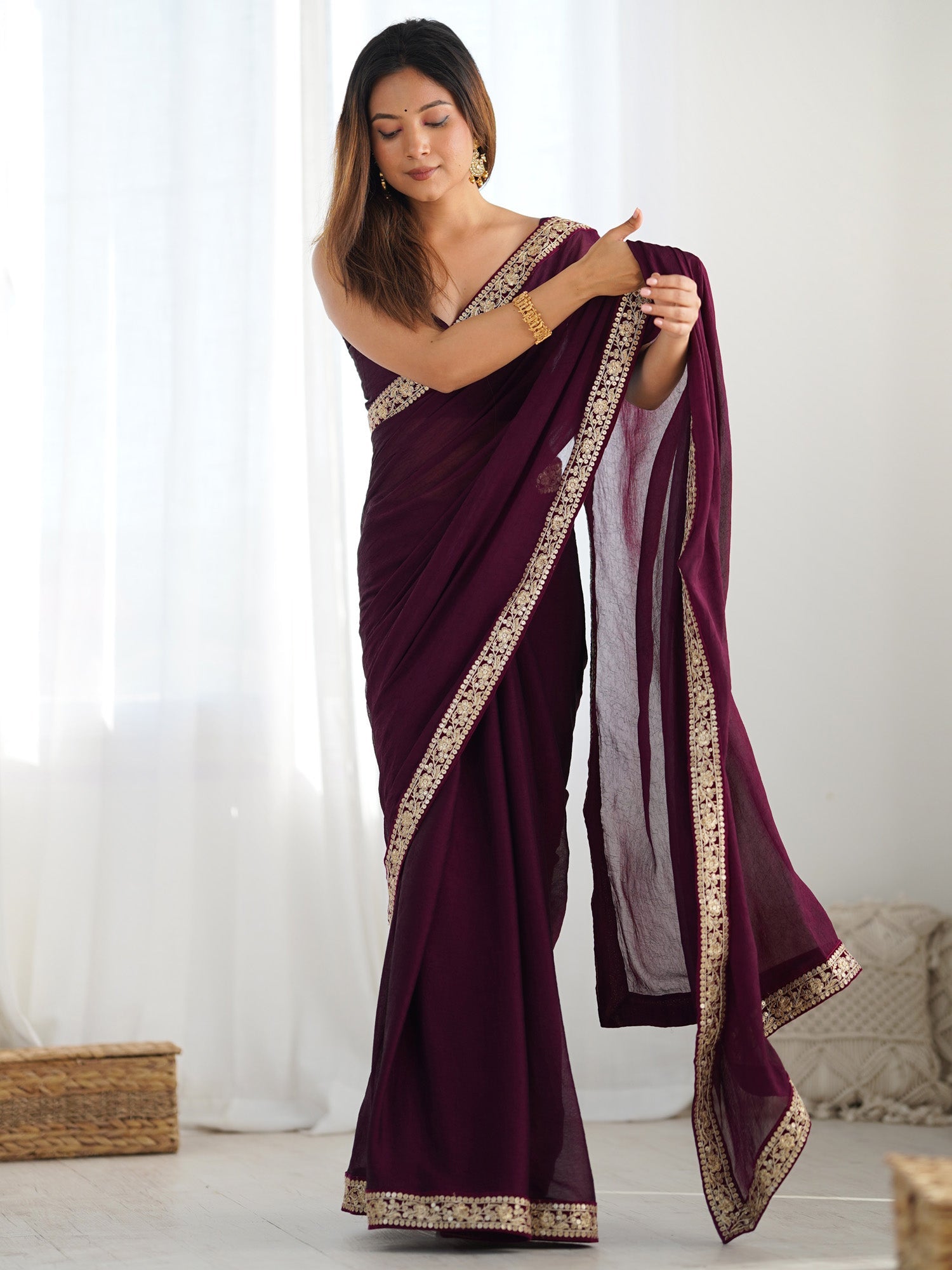 Wine Satin Silk Saree with Embroidered Border - Ressa