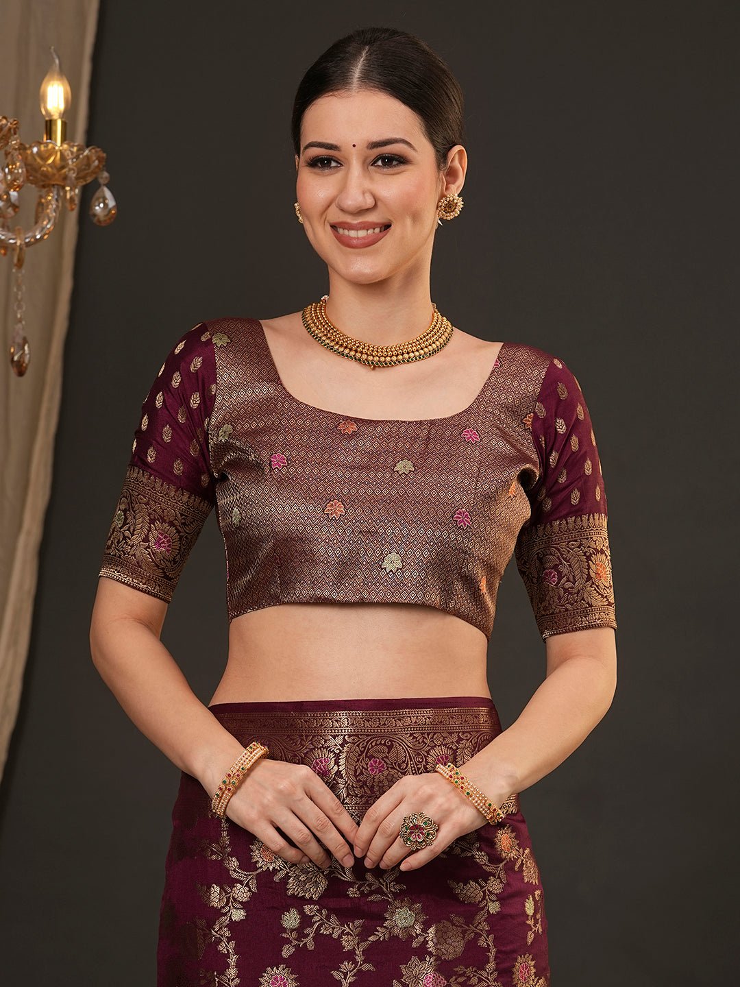 Wine Silk Blend Banarasi Style Saree - Ressa